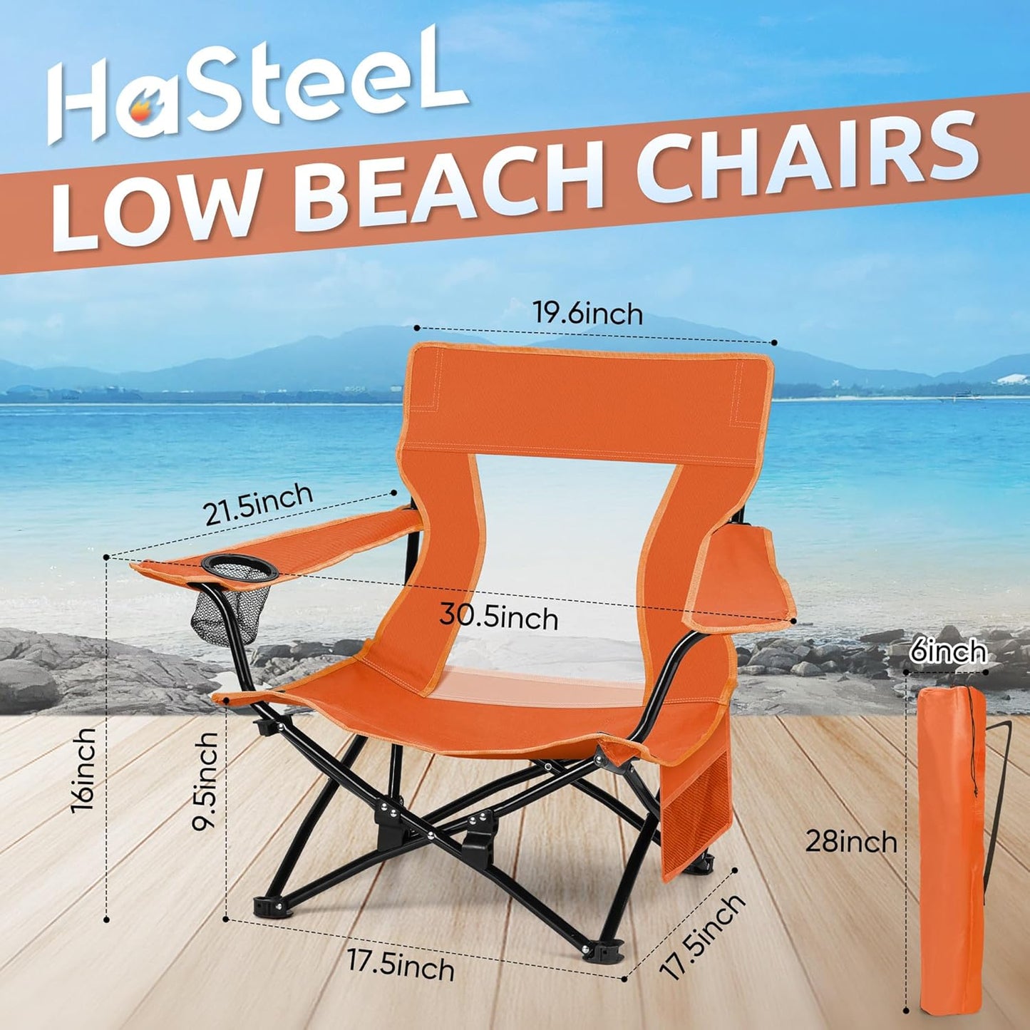 HaSteeL Folding Beach Chair Set of 2, Foldable Orange Camping Chairs for Outside, Low Beach Chair Portable for Adults Fishing, Picnic, Outdoor BBQ, Travel, Sports, Cup Holder & Storage Bag