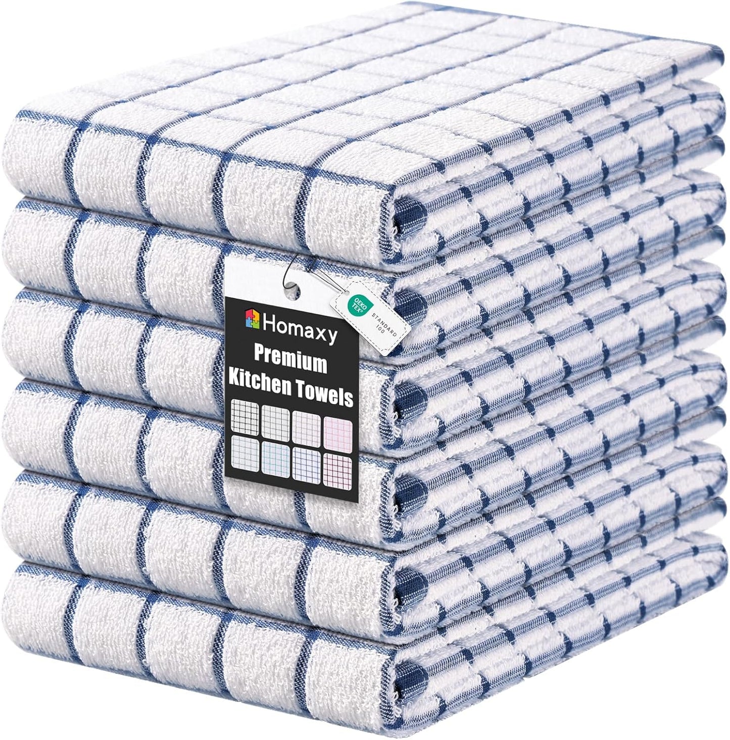 Homaxy Premium Kitchen Towels(16”x 28”, 6 Pack), Large Ring Spun Cotton Dish Towels, Super Absorbent Soft Terry Kitchen Hand Towels, Check Design Tea Towel Set with Hanging Loop, Navy Blue