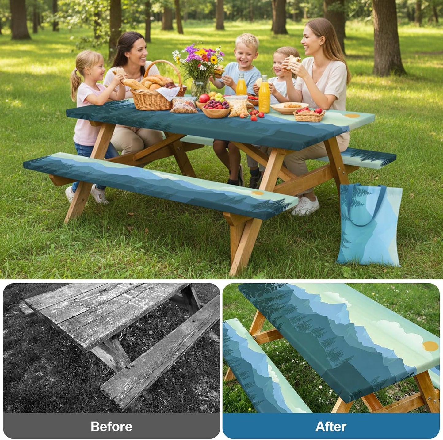 Picnic Table Cover with Bench Covers and Bag, 72in Camping Tablecloth, Waterproof Windproof Elastic Edges Fitted Rectangle Tables RV Gear Campers Must Have（Green）