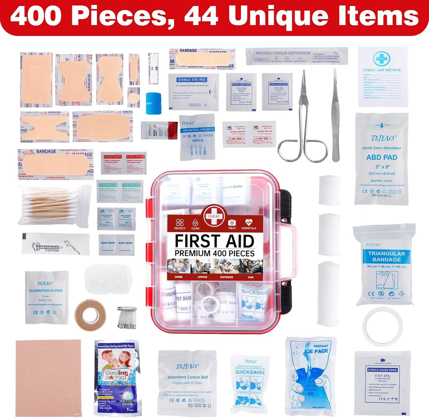 400 Pieces All-Purpose First Aid Kit - Organized Dual-Layer Wall - Professional Medical Kit for Home, Car, Camping, Travel, Office, Outdoor, Business & Sports