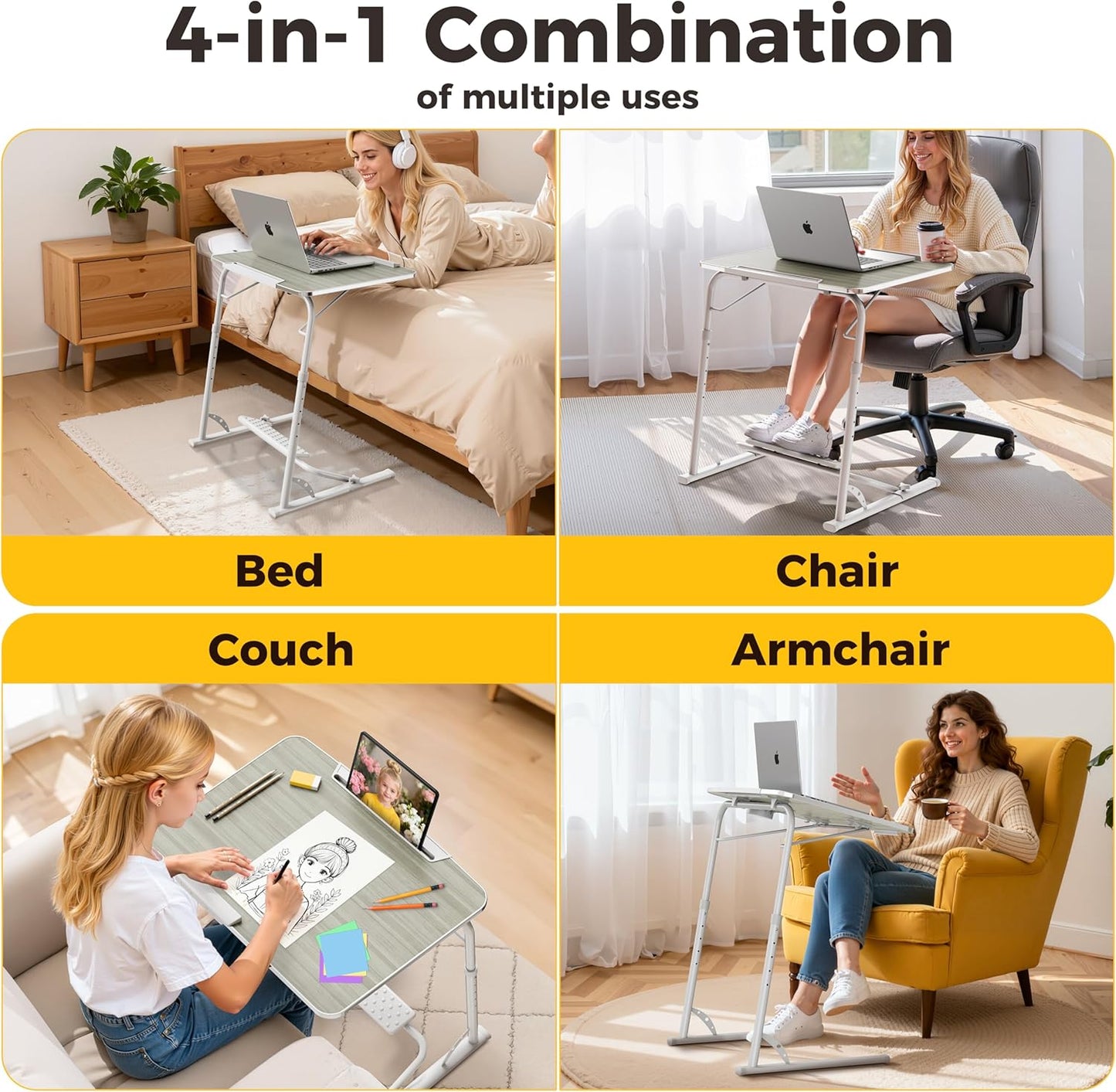 FoldWise Upgraded Folding TV Tray Table - Extra Large & Sturdy Laptop Table for Couch, Height & Angle Adjustable Desk for Dinner, Work & TV - Includes Footrest, Cup Holder, iPad Holder & Edge Stopper