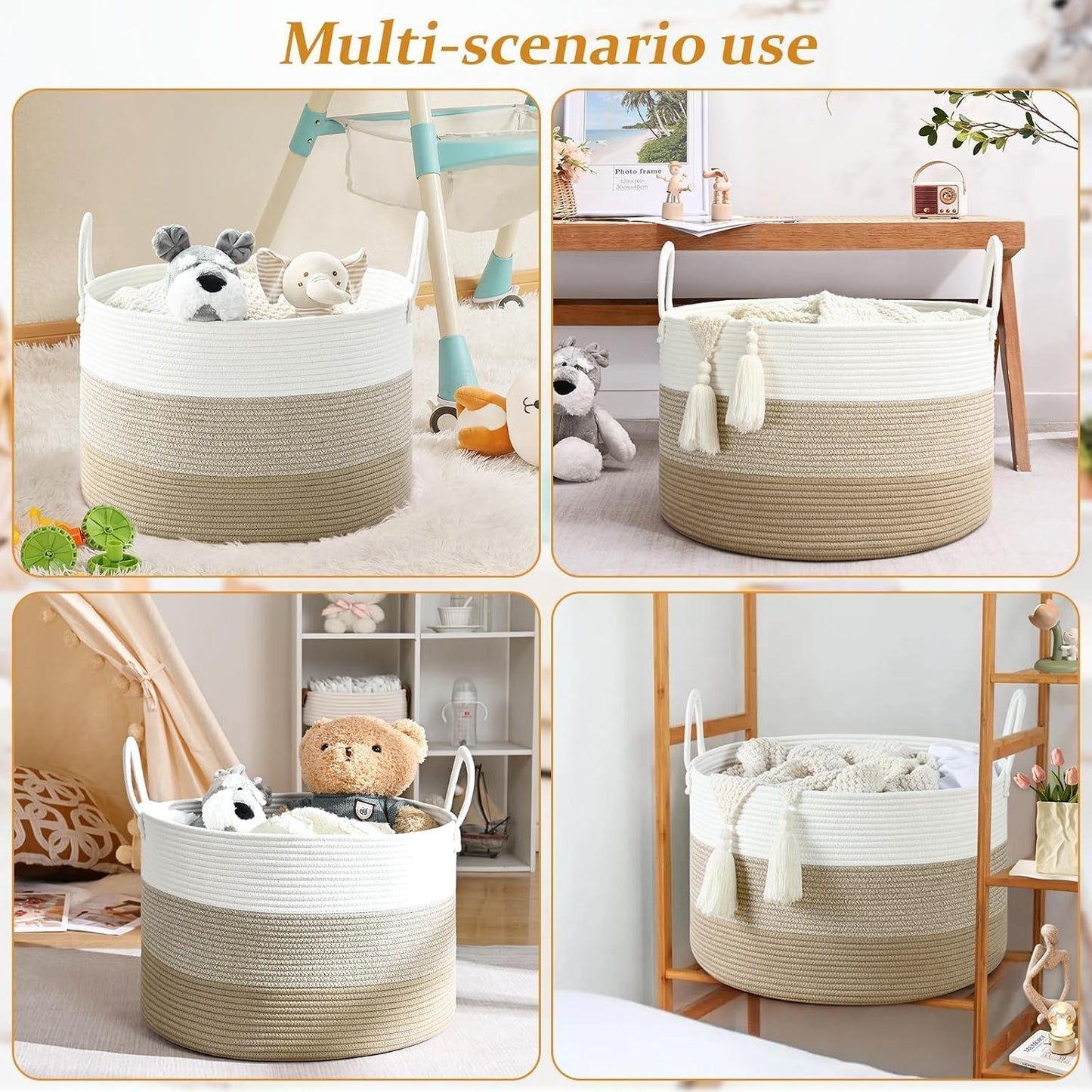 67L Large Woven Blanket Basket, Cotton Rope Baby Laundry Hamper with Handles, Kids Toy Basket for Classroom & Nursery, Soft Round Stuffed Animal Storage, Dog Toy Bin - 20"x13", Gradient Brown