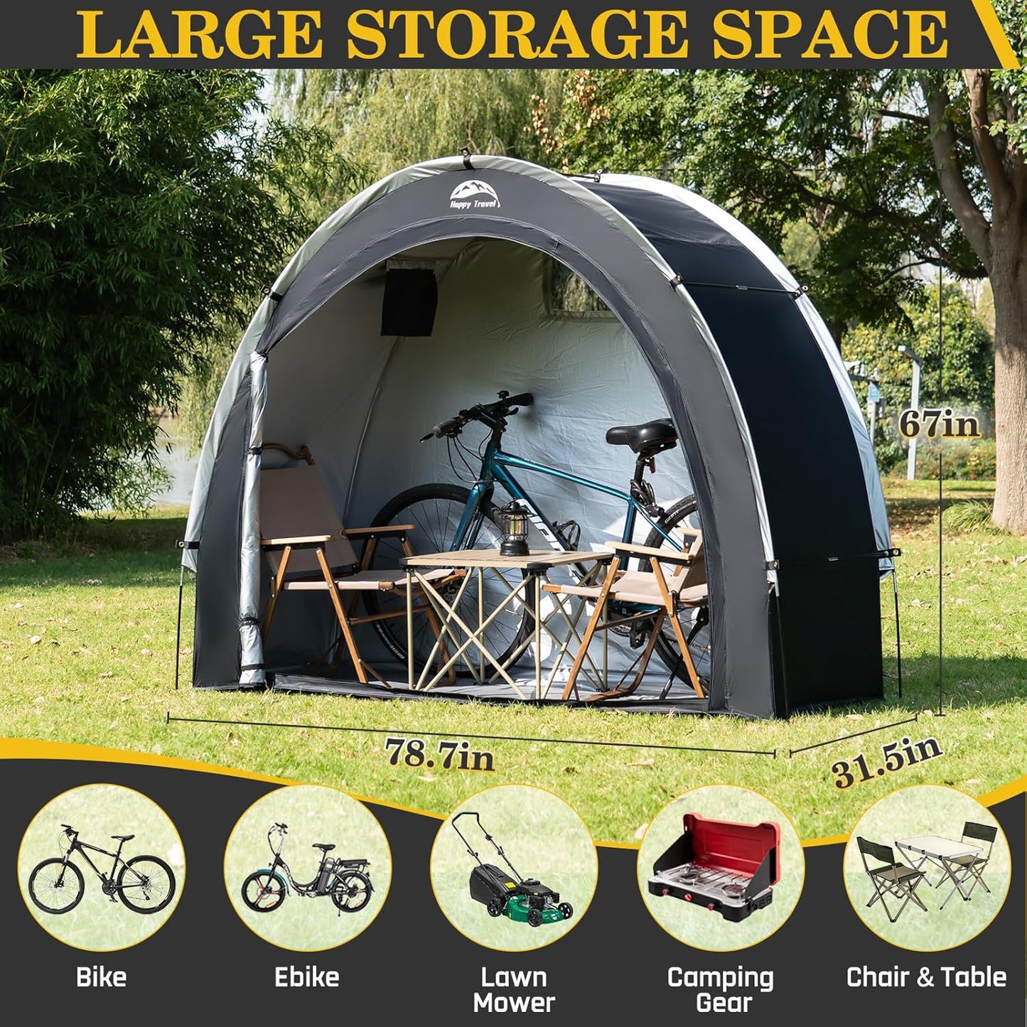 Happy Travel Bike Storage Shed Tent,Outdoor Portable Bicycle Storage Sheds with 210D Oxford Fabric PU4000 Waterproof for 2/3/4/6/8 Bikes,Bike Covers Shelter for Motorcycle,Garden Tools,Toys,Lawn Mower
