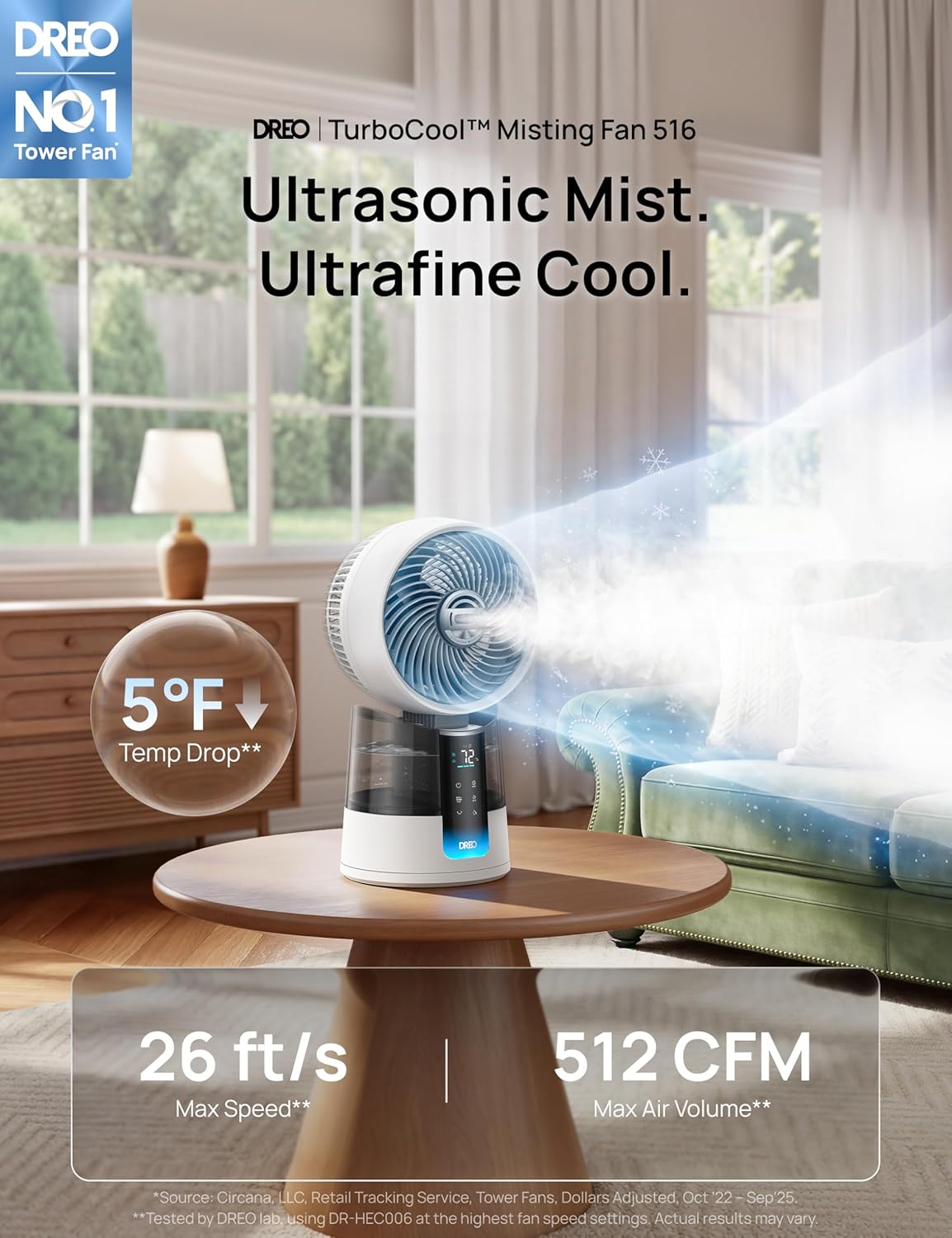 DREO TurboCool Misting Fan 516, 5℉ Drop Cooling Fans that Blow Cold Air, 150°+30° Omni-directional Oscillating, Evaporative air cooler, 26 ft/s Wind, Ultrafine Mist, 20dB 6 Speeds 2 Modes, White