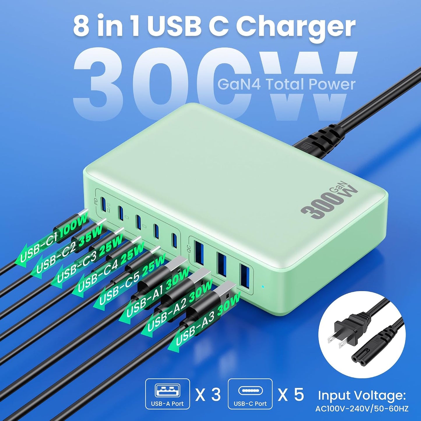 USB C Charger 300W USB C Charger Block, 8-Ports GaN IV Fast Charging Station Hub,PD 100W Laptop Charger Adapter,for MacBook Pro/Air/iPad/iPhone16/15/14/Apple Watch/DELL/Samsung for Home Office