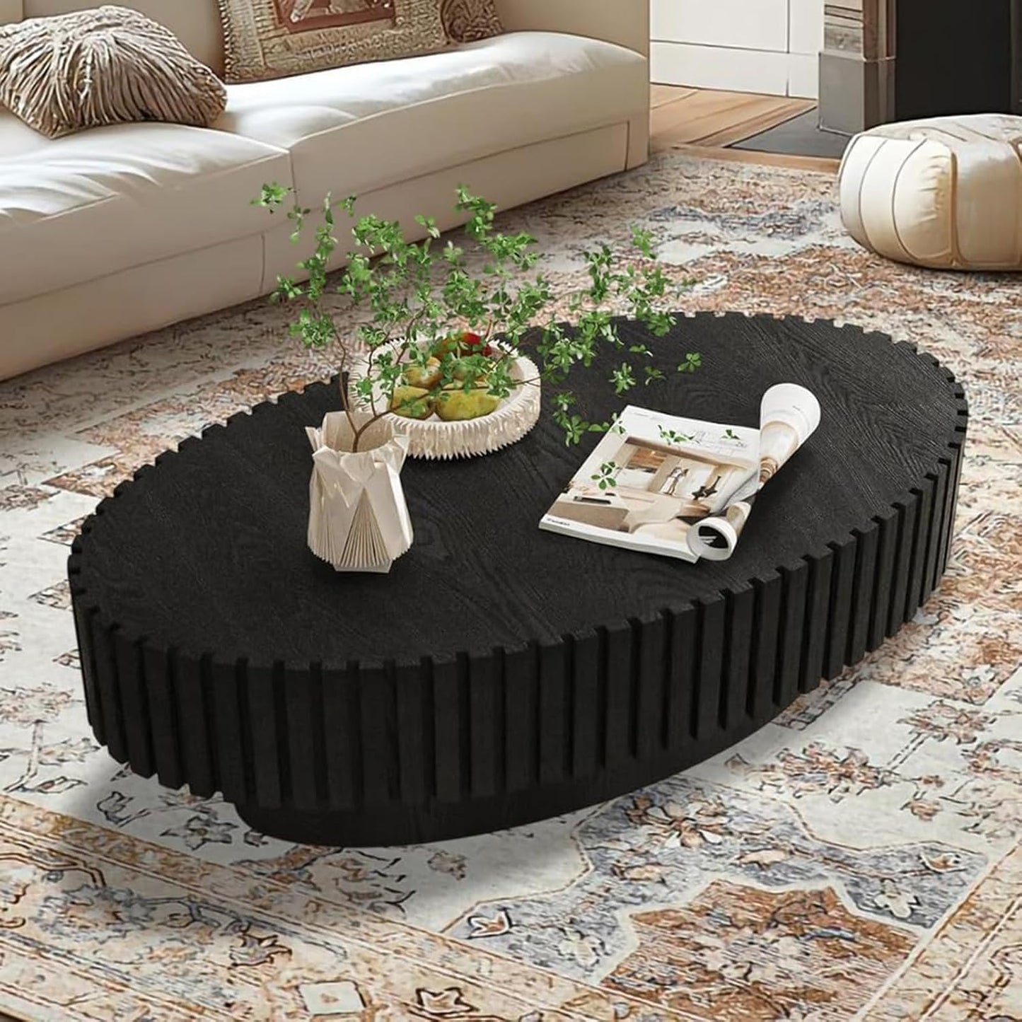 Mid Century Modern Oval Fluted Coffee Table (K) | Handcraft Drum Coffee Table, Sturdy Pedestal, Wood Veneer Top, for Living Room Reception Room Farmhouse