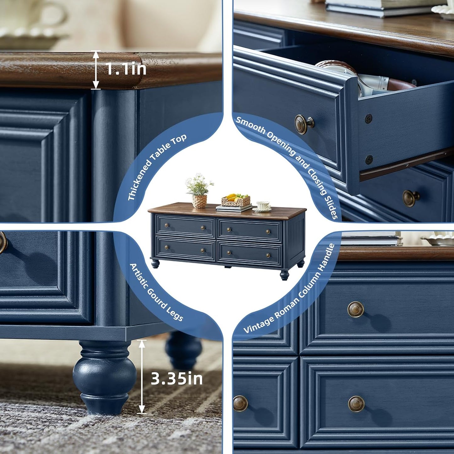 RWYHG 48" Farmhouse Blue Coffee Table, Center Table with 4 Drawers | High Capacity Hidden Storage, Smooth Roman Column Handles & Drawers, Solid Wood Sturdy Curved Legs, for Living Room,Office