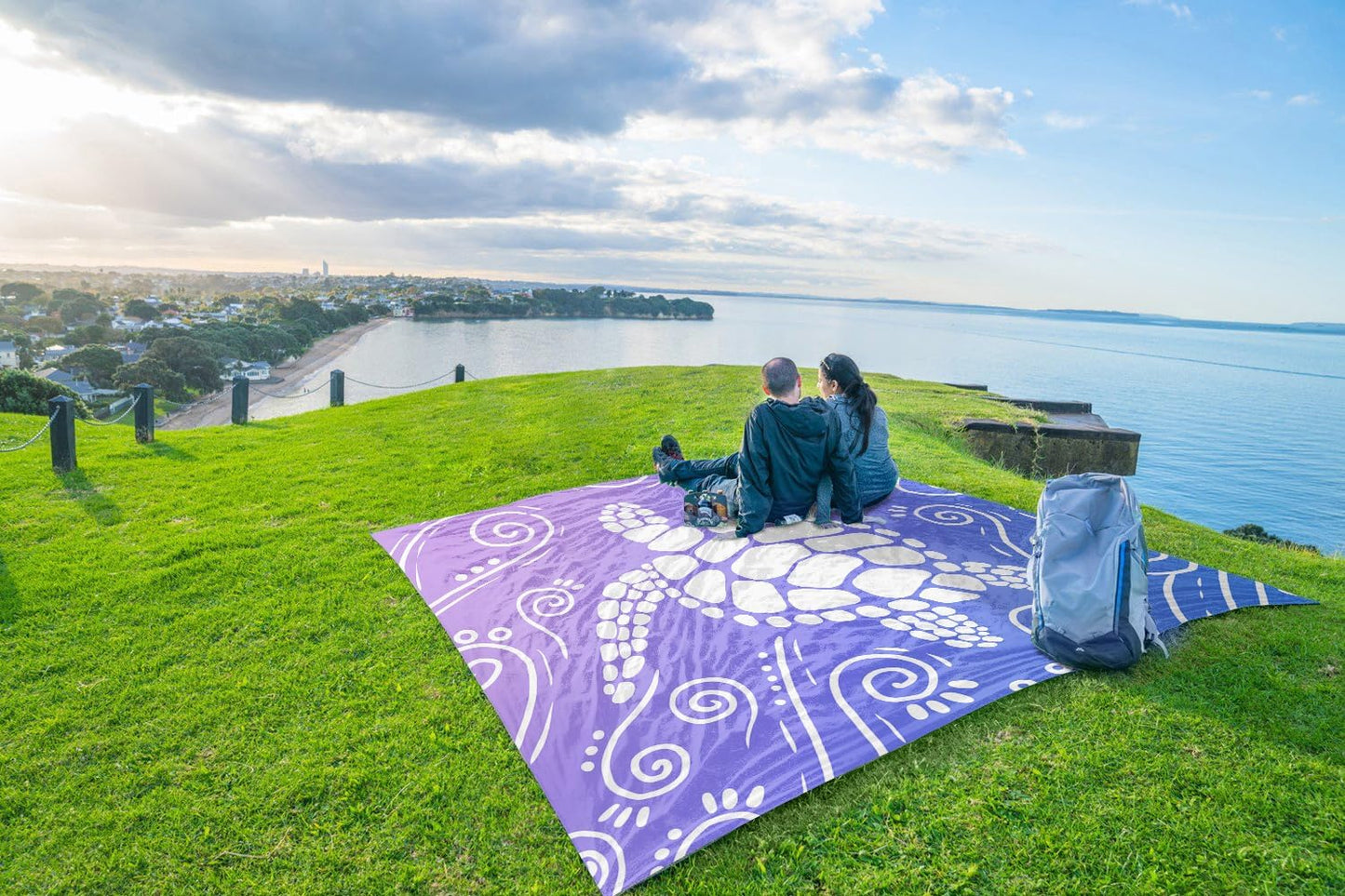 WEKAPO Beach Blanket Waterproof Sandproof Oversized Extra Large Sand Free Beach Mat with Stakes, Storage Bag - Essentials for Outdoor Beach, Picnic (Blue Purple Sea Turtle, 8 X 7 FT (1~4 Person))