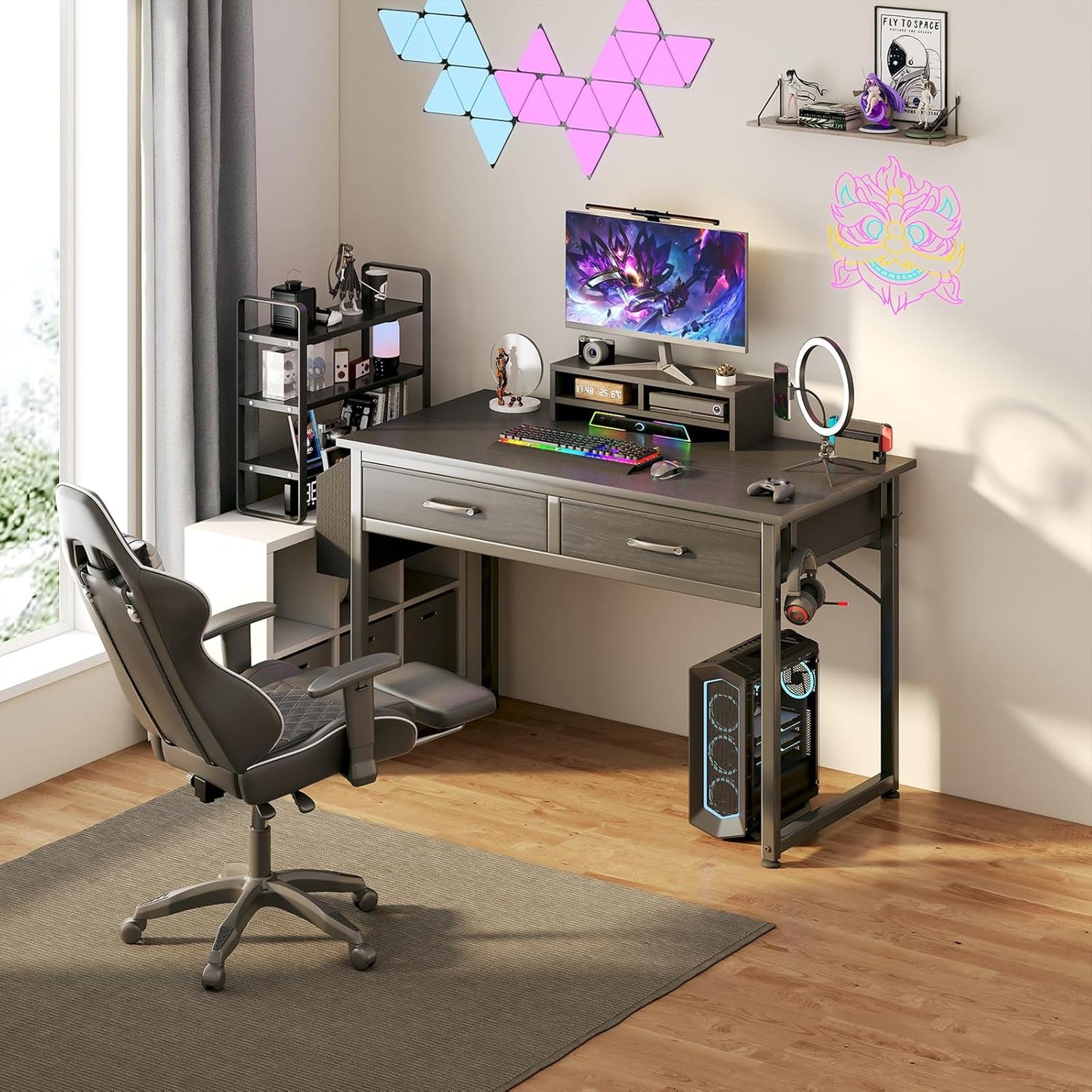 DLisiting Computer Desk with Fabric Drawers for Home Office Bedroom, 40 Inch Small Gaming Desk with 2 Drawers, Study Writing Table PC Desks, Black