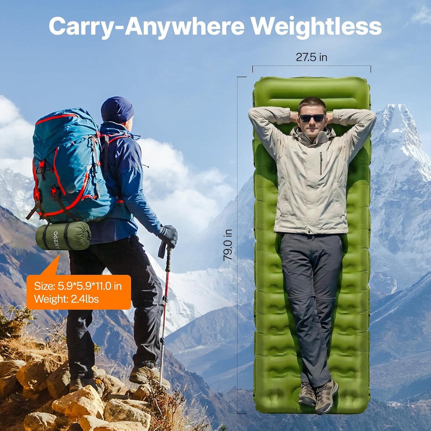 OGERY Sleeping Pad, Ultralight Inflatable Sleeping Pad for Camping with Pillow Built-in Foot Pump, 6" Extra-Thick Reinforced Camping Mattress for Hiking, Backpacking,Tent