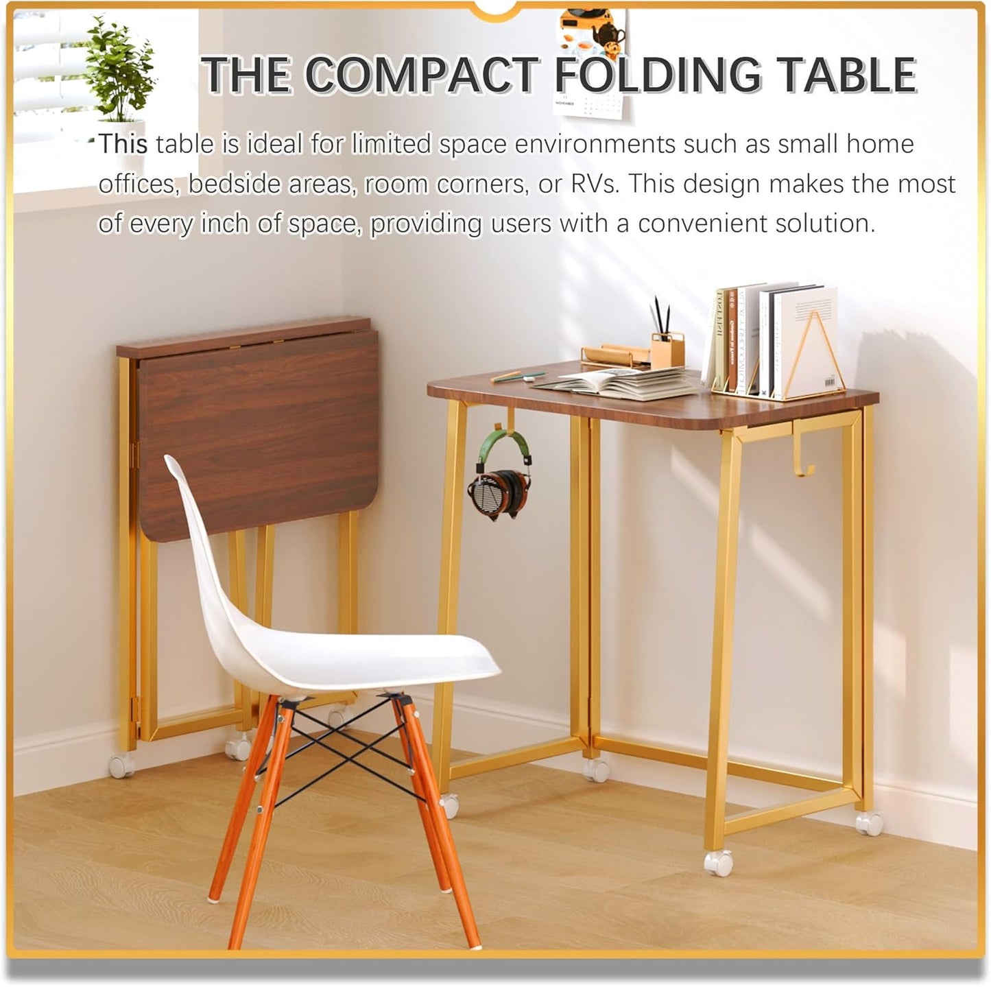 4NM 23.6" Mobile Small Folding Desk, Foldable Rolling Computer Home Office Desk, Study Writing Table for Small Space Saving Bedroom, with Wheels - Brown and Gold