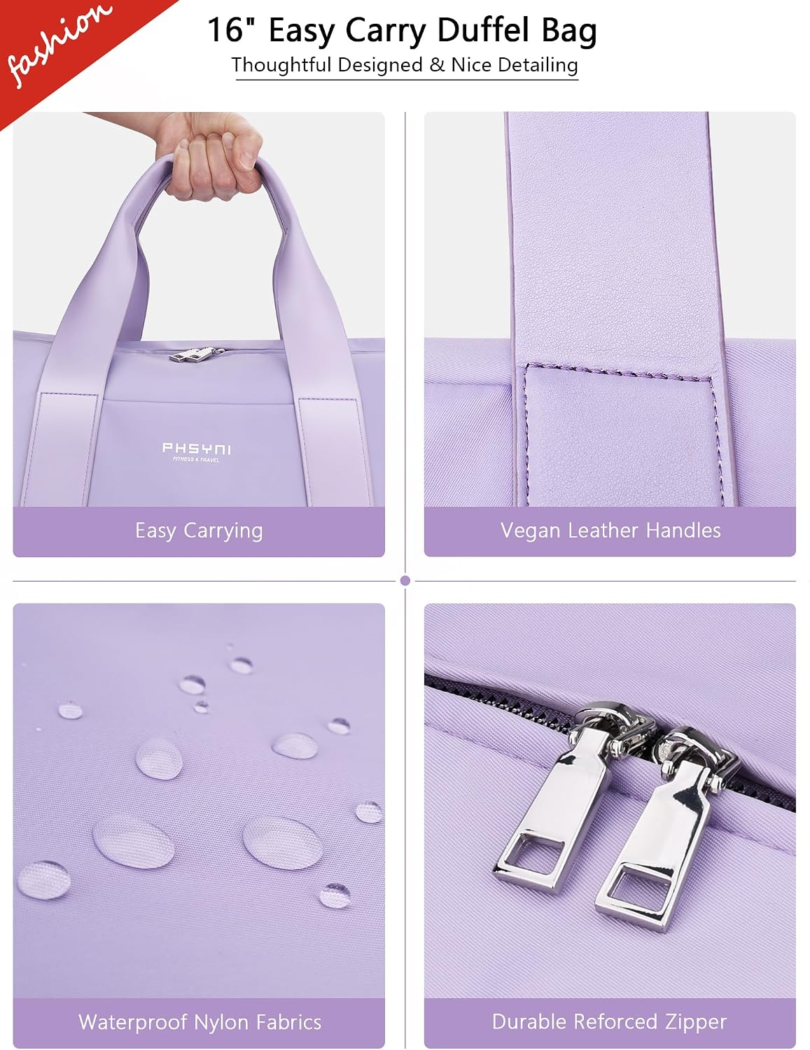 16" Gym Bag for Women,with Shoes Compartment and Waterproof Pocket(Purple)