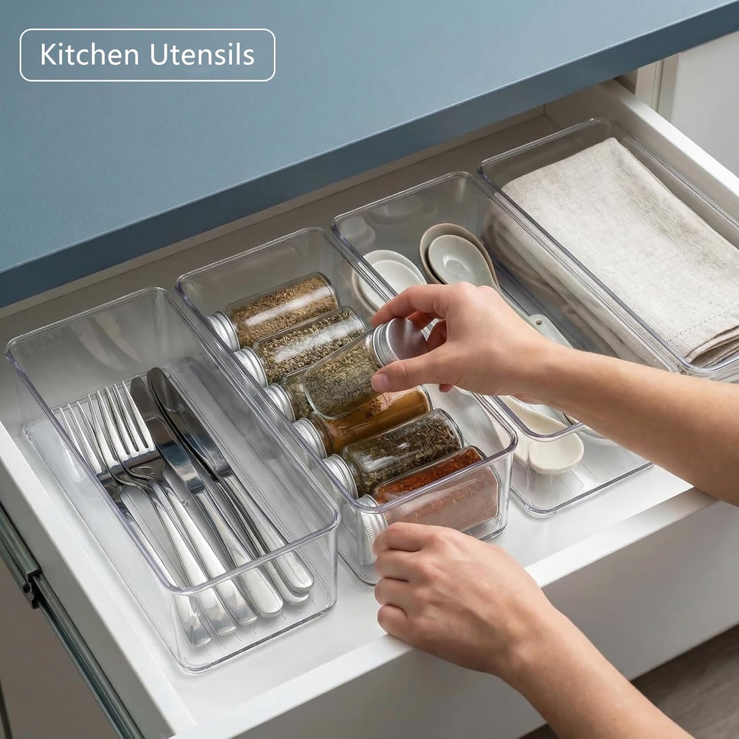 Qilinba 8 PACK Drawer Organizers Deep Drawer Organizer Bins Silverware Organizer Clear Stackable Storage Bins for Bathroom, Pantry, Office, Vanity, Desk Organization and Storage
