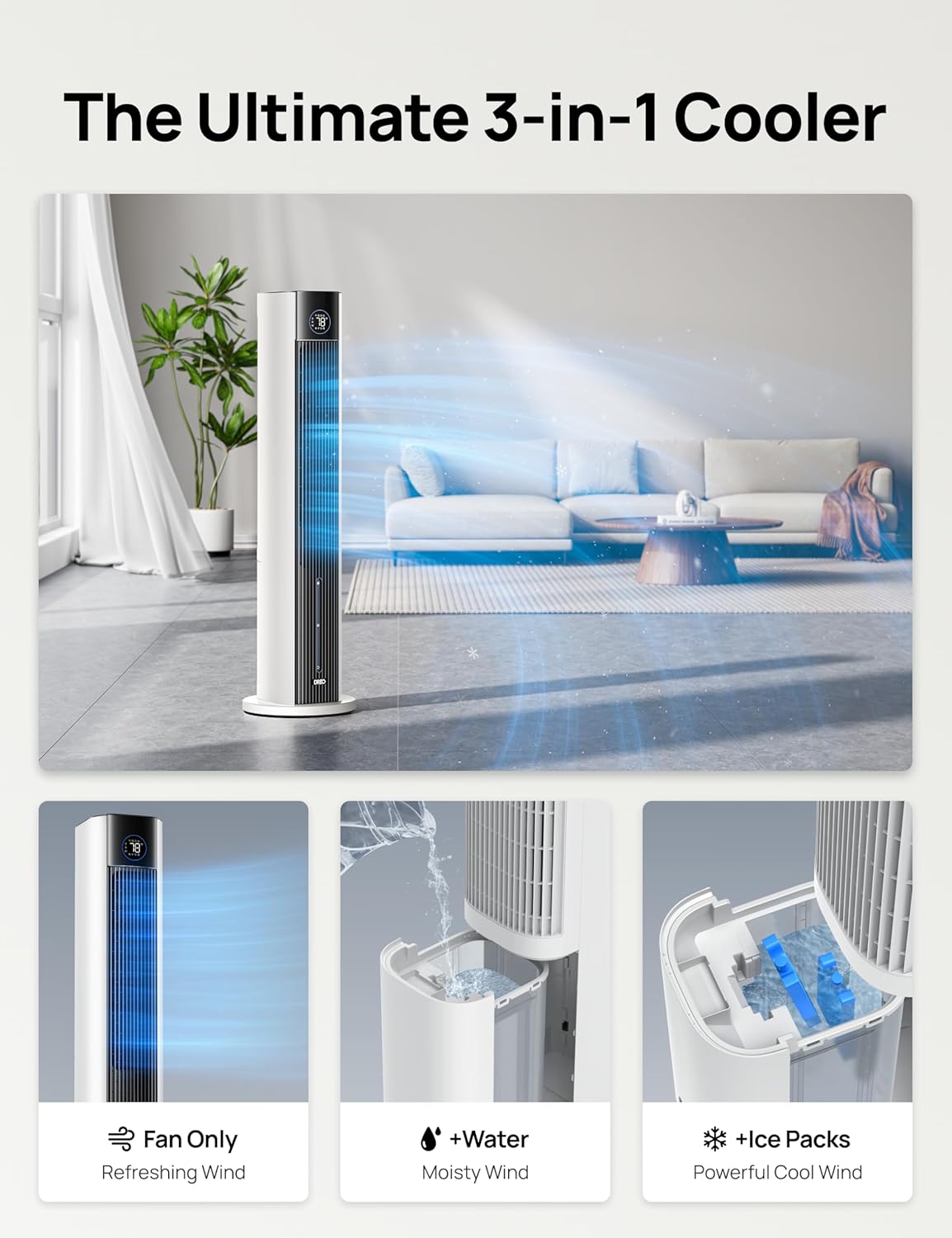 DREO Evaporative Air Swamp Cooler, 43" Cooling Fans that Blow Cold Air 2026 Upgraded, 80° Oscillating Floor Fan for Bedroom, Easy Cleaning, APP Control, Ice Packs, 4 Speeds & 4 Modes, 12H Timer, White