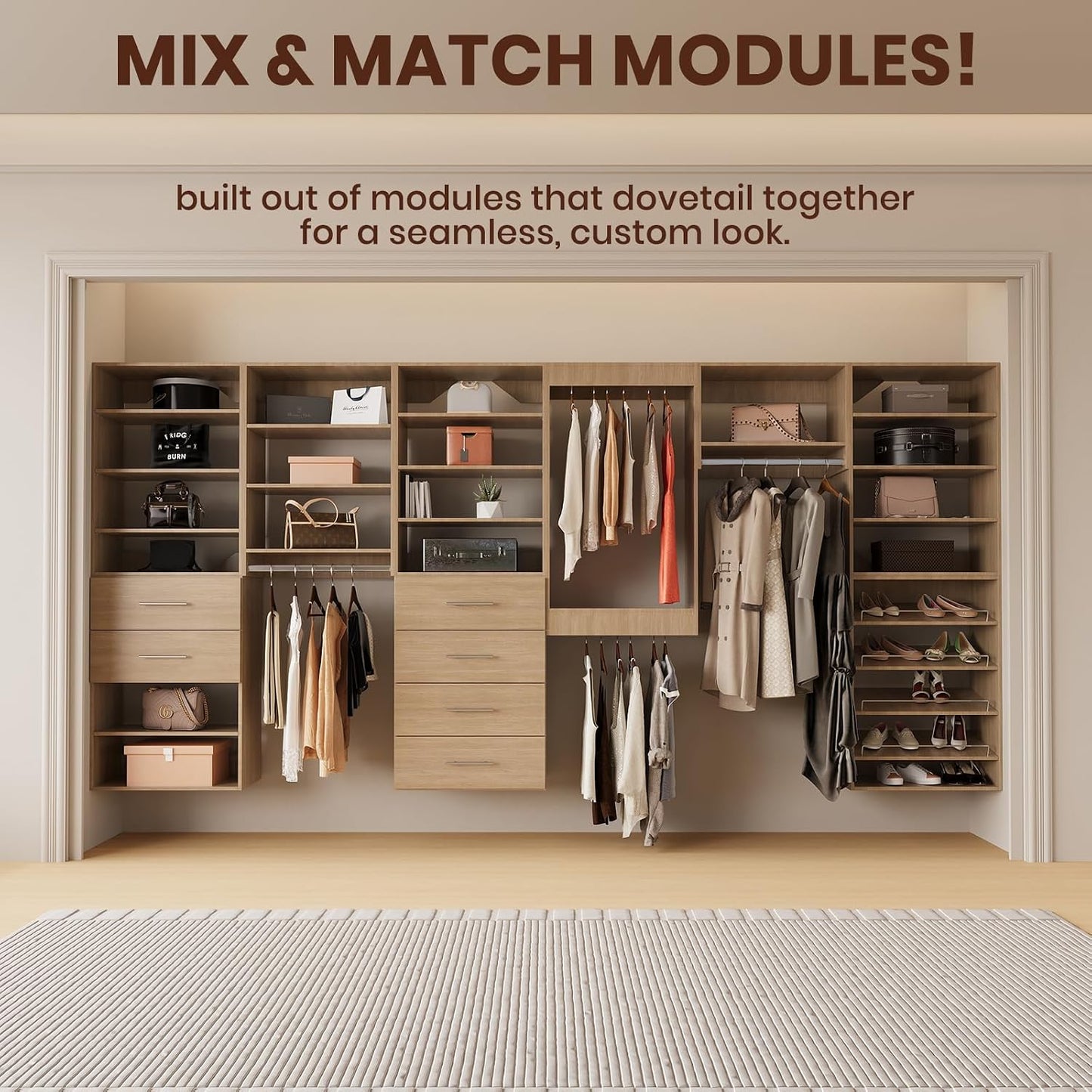 ROOMTEC 25.5" Medium Hanging Closet Unit, Modular Closet System with Hanging Rod, Wardrobe Organizer for Bedroom or Walk-in Closet, Wall Mounted, Customizable Clothes Storage Unit, Wood