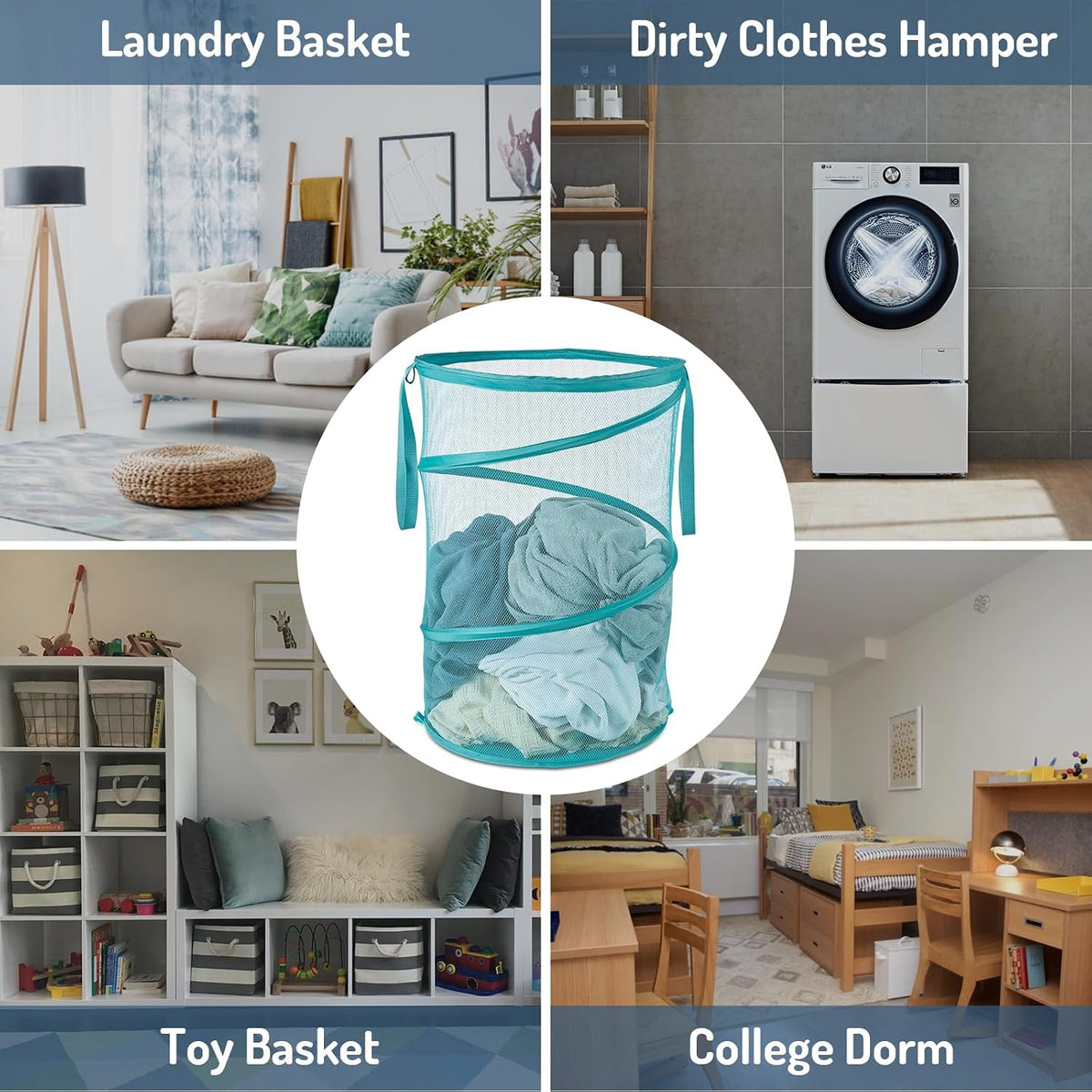Seiritex Mesh Popup Laundry Hamper 115L Collapsible Laundry Basket No Lid Extra Large Capacity Foldable Clothing Storage Basket with Handles 26 H x 18 W x 18 L (Turquoise Blue)