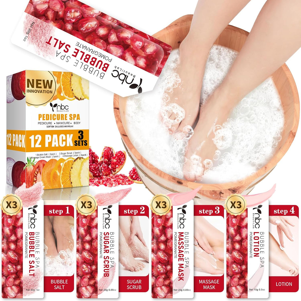 Pedicure Kit Foot Soak Set: Bubble Salt, Sugar Scrub, Massage Mask, Massage Lotion in a Box, 4 Step Foot Spa Kit for Dry Feet,Tired Feet（3 Set Pomegranate)
