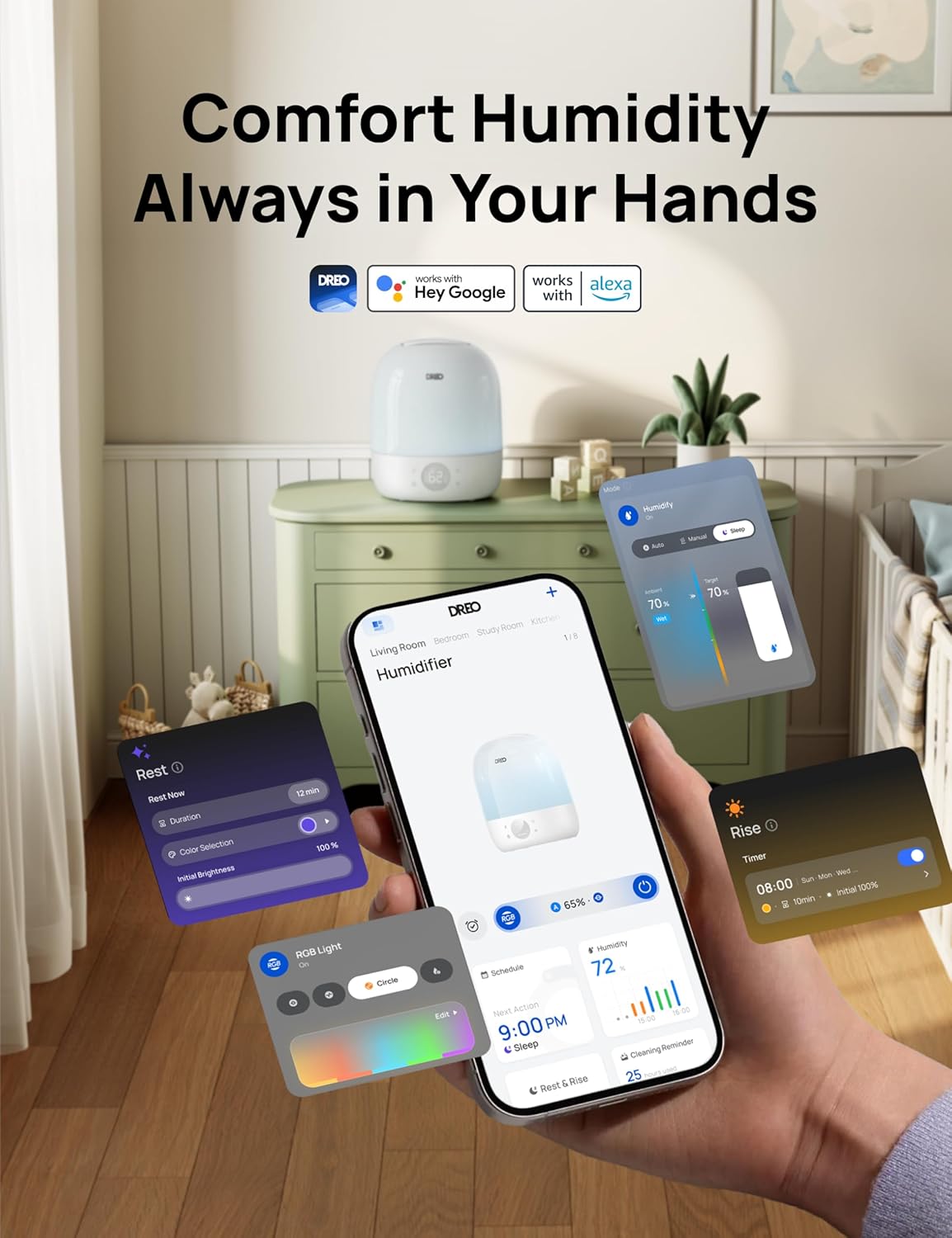 DREO Humidifiers for Bedroom - 30H Max Runtime & RGB Night Light & Sleep Trainer, Ultra Quiet 28dB Cool Mist Humidifier, Top Fill Smart Air Humidifier for Plants, Perfect for Baby & Nursery, HM409S