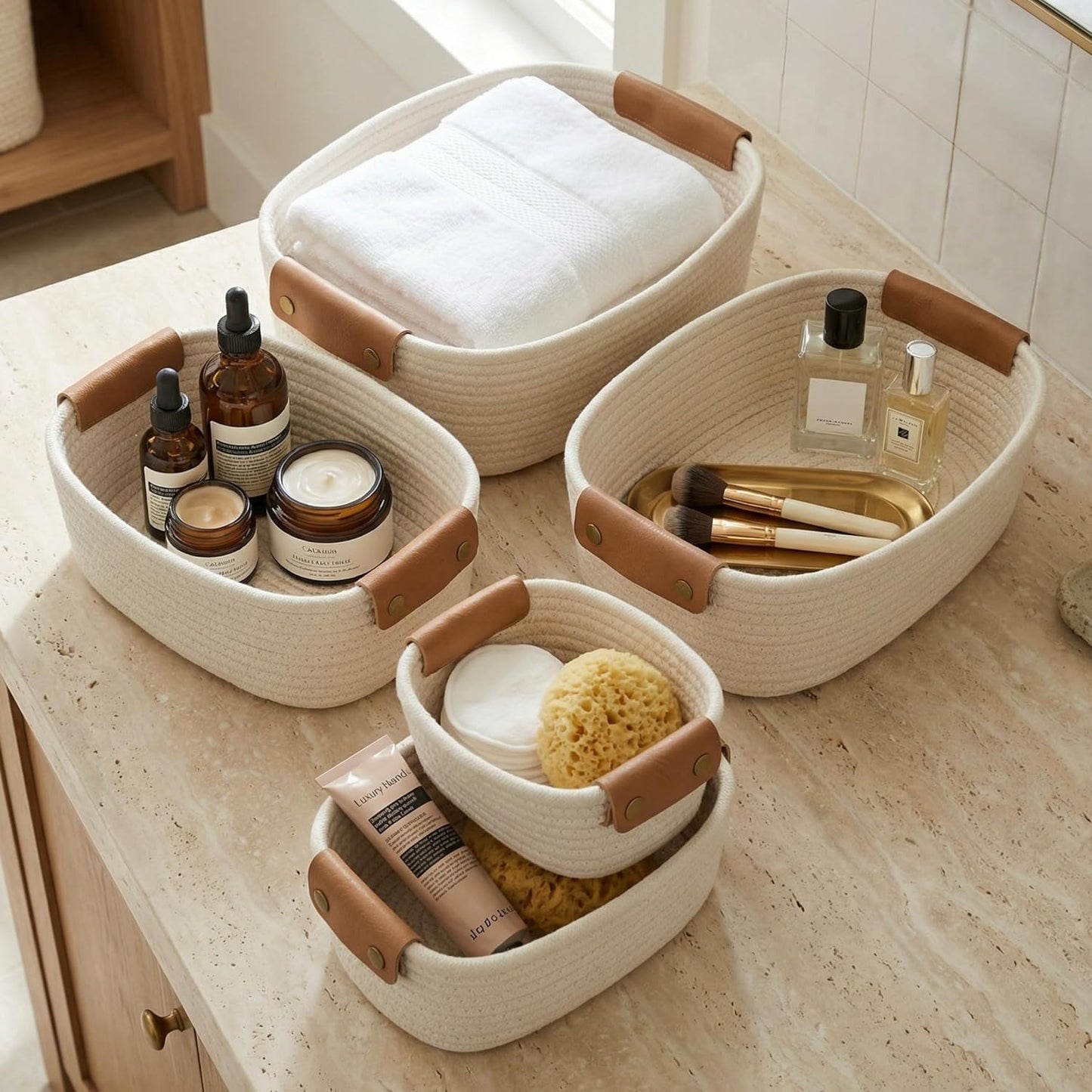 Beautiful Storage Basket Set of 5 - Sturdy Jute Rope Baskets for Shelves Are Perfect for Organizing Your Home - Quality Storage Bins Easily Fit With Any Nursery or Bedroom Decor