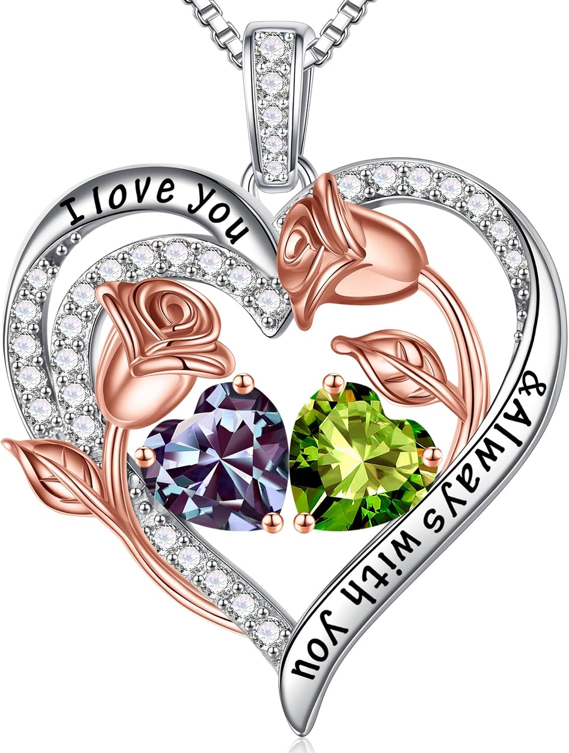 Iefil Birthstone Necklace for Women - Rose Heart Necklace