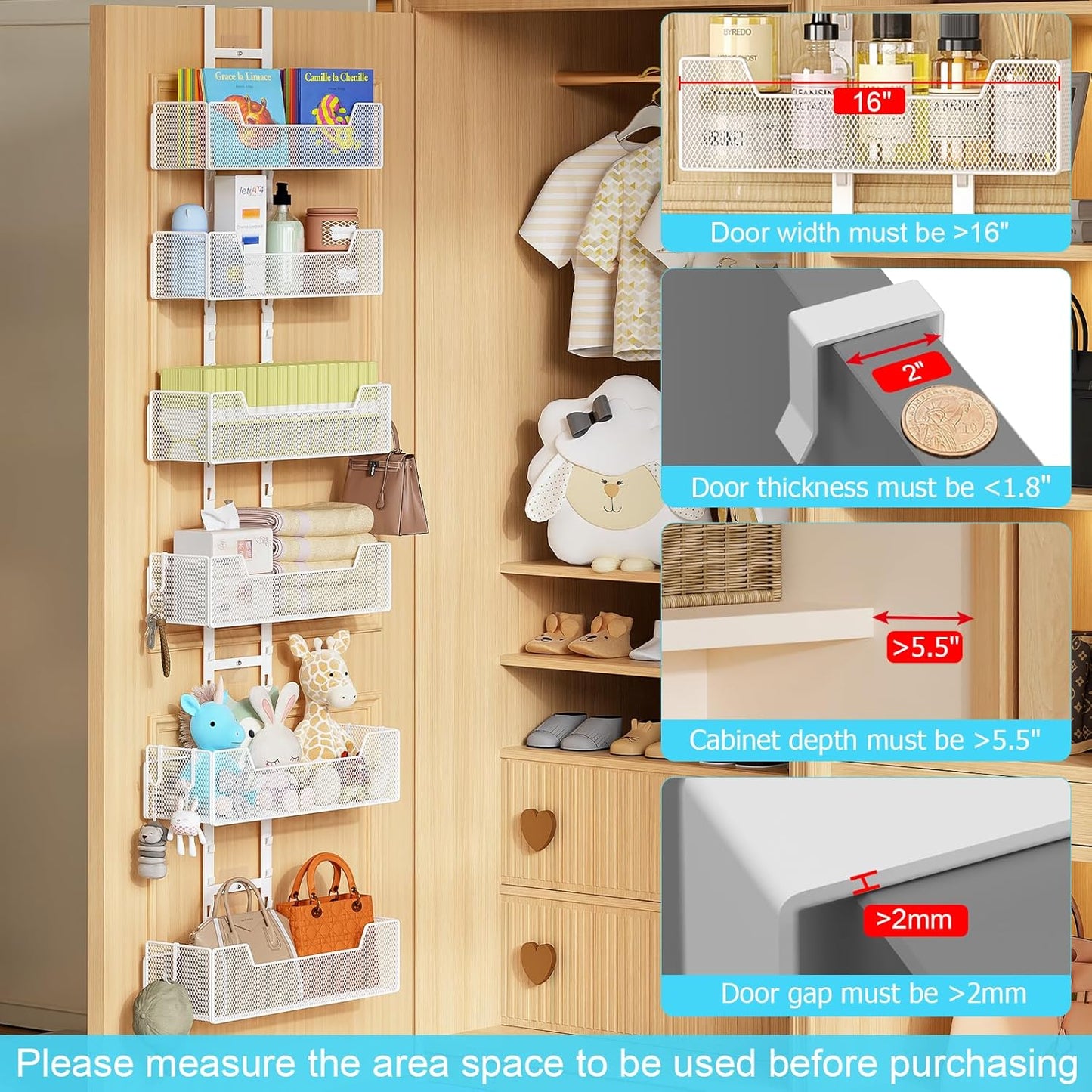 Hongtamoya Over The Door Organizer, Metal Hanging Door Organizer with 6 Adjustable Baskets and 5 Hooks, Behind The Door Storage for Closet Pantry Cabinet Kitchen Bathroom Bedroom, White