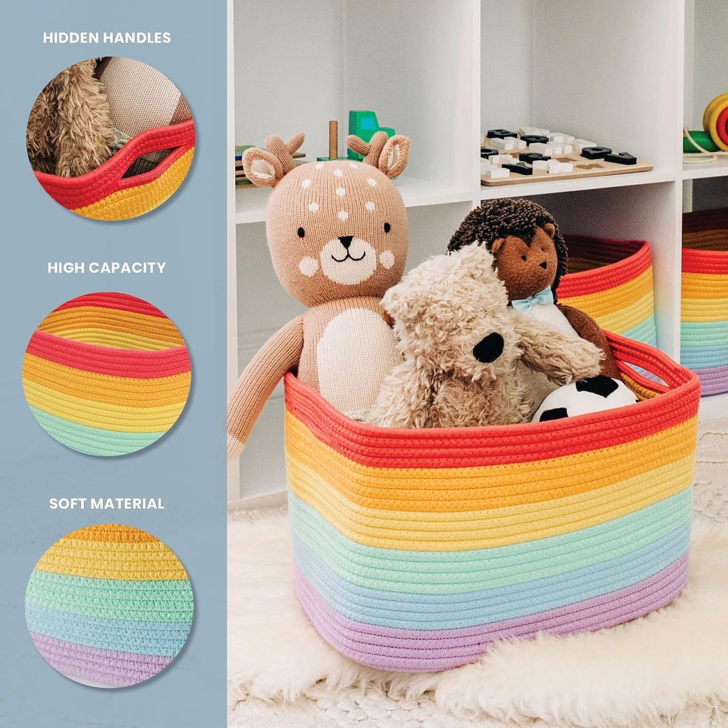 OrganiHaus Rainbow Baskets for Shelves, Set of 3, 15x9x10 | Colorful, handwoven cotton rope; a toy bin for playroom, classroom, or girls' room decor; great for nursery too