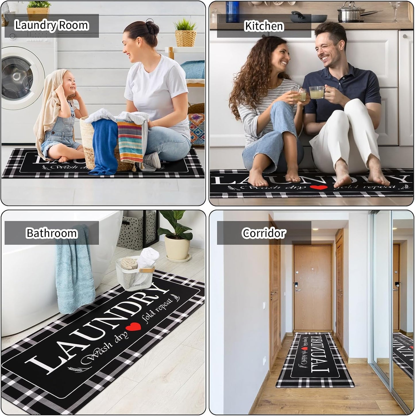 XLHOMO Laundry Room Rug Runner, 17"x47" Buffalo Plaid Non Slip Black Laundry Rugs, Farmhouse Washable Floor Laundry Mats for Laundry Room, Mudroom, Kitchen, Washroom, Bathroom, Entryway Rugs Decor