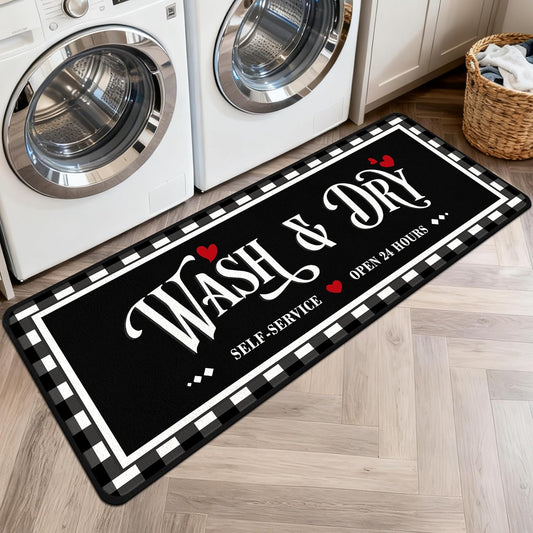 Washable Laundry Room Rug, 20"X47" Non Slip Laundry Mat Runner Soft Low-Pile Laundry Room Organization Farmhouse Decor Area Rug for Entryway Hallway Kitchen Bathroom Black Plaid