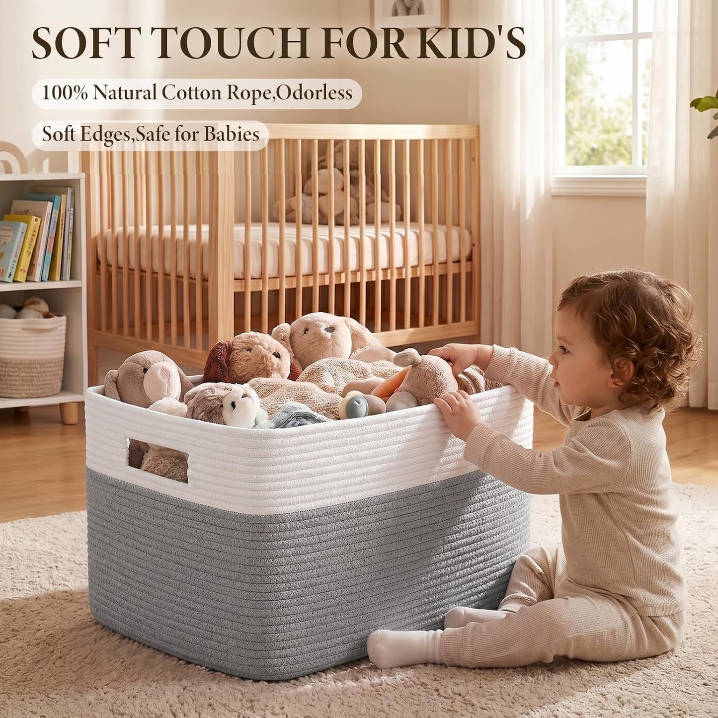 75L Large Cotton Rope Basket, Soft Toy Storage Bin for Nursery & Living Room, Decorative Blanket Basket for Bedroom, Baby-Safe Organizer for Pillows &Laundry, 22''×17''×12'', Grey and White