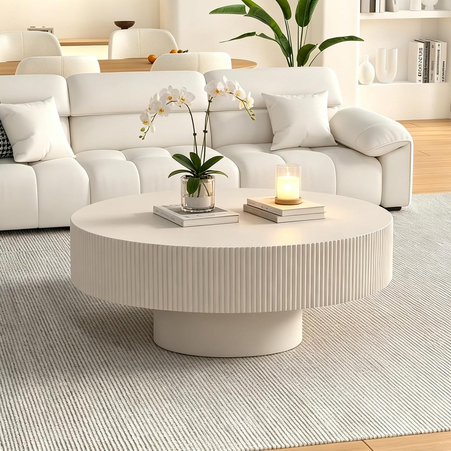 30.91" Round Drum Coffee Table,White Thickened | Modern Handcraft Fluted Accent Table, Sturdy Pedestal Circle, Luxury Center Table, For Living Room Home Office