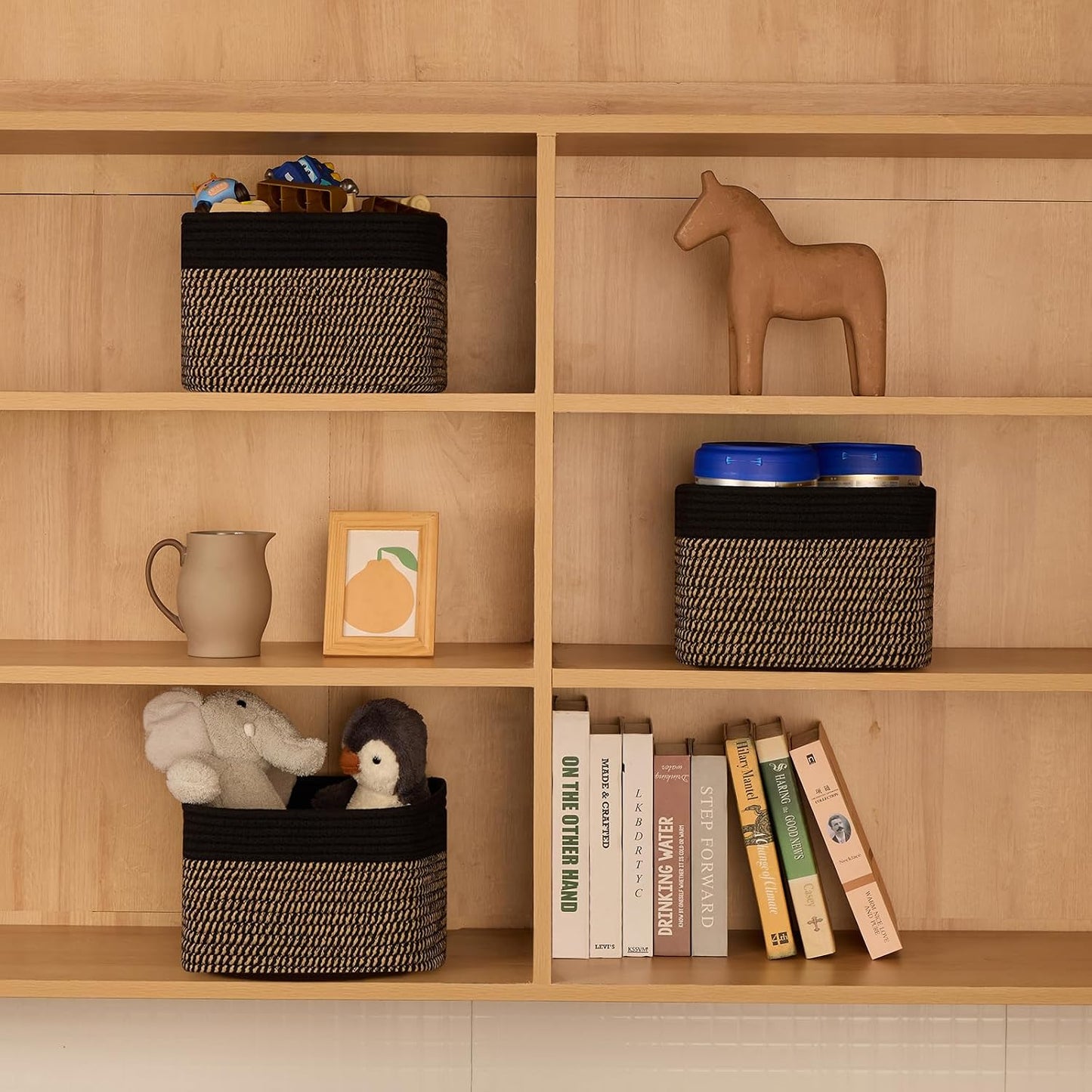 MiniArk Small Organizing Baskets for Cubes Shelf, 9.7x9.7x7.1 Inch Rope Woven Storage Bins for Nursery Shelves Storage, Cute Toy Basket, Square 3 Packs Black Brown