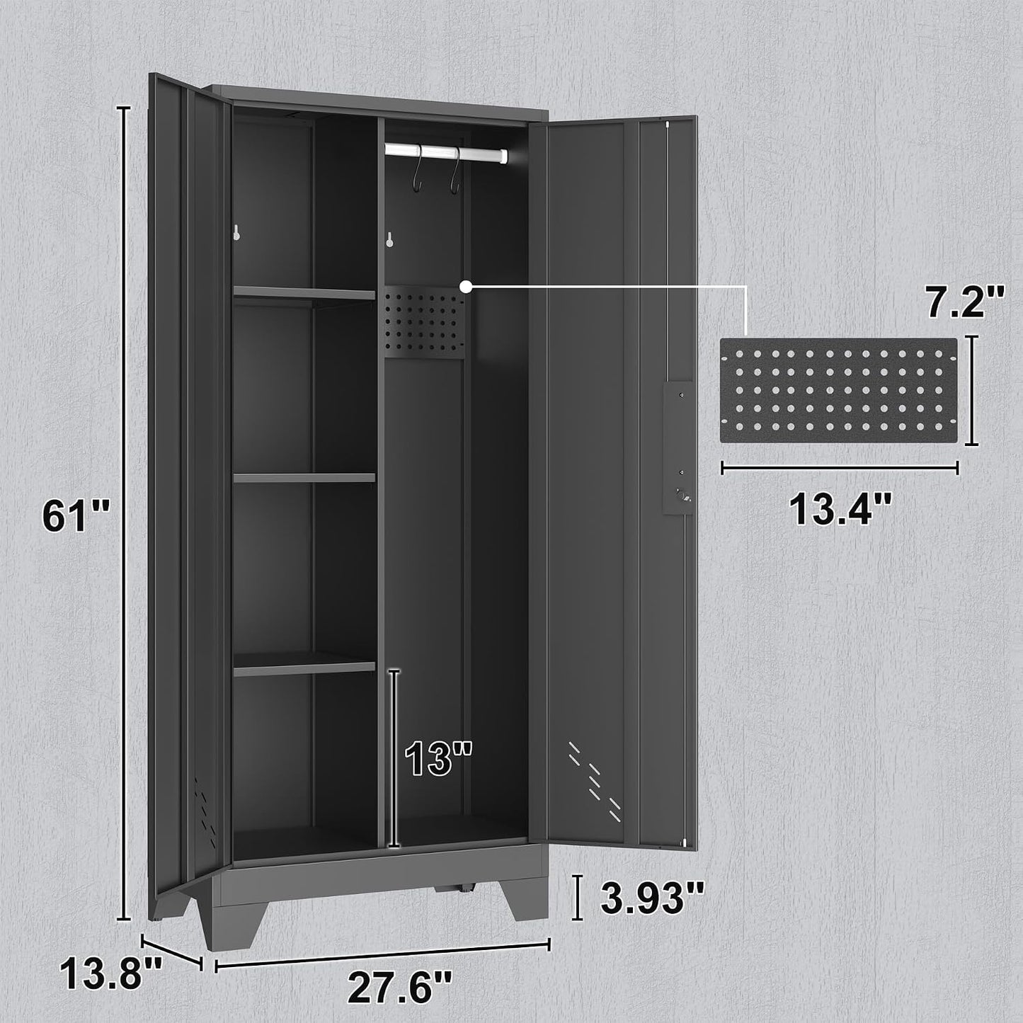 OSEILLC Metal Storage Cabinet with Locking Doors, 61" Tall Garage with Hanging Rod, Broom Closet, Freestanding Bathroom Storage Cabinet, Cleaning Tool,Utility Cabinets for Storage Locker,Black