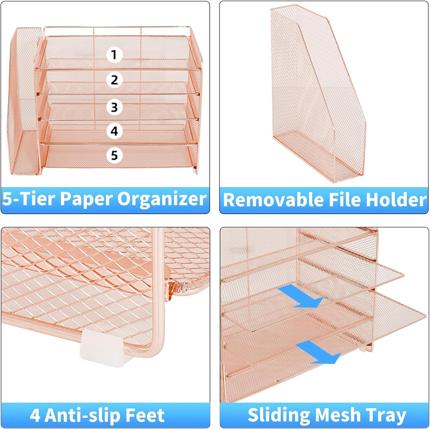 OPNICE Desk Organizer, 5-Tier Paper Organizer Letter Tray with Magazine Holder, Office Desk Accessories & Workspace Organizers, Desktop File Organizer for Office Supplies Storage, Rose Gold