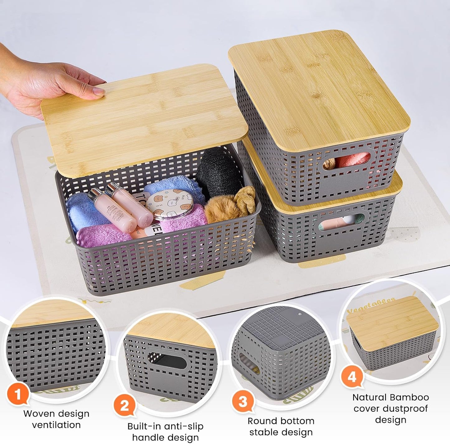 Ohmlove 6 Pack Plastic Storage Baskets with Bamboo Lids for Organization