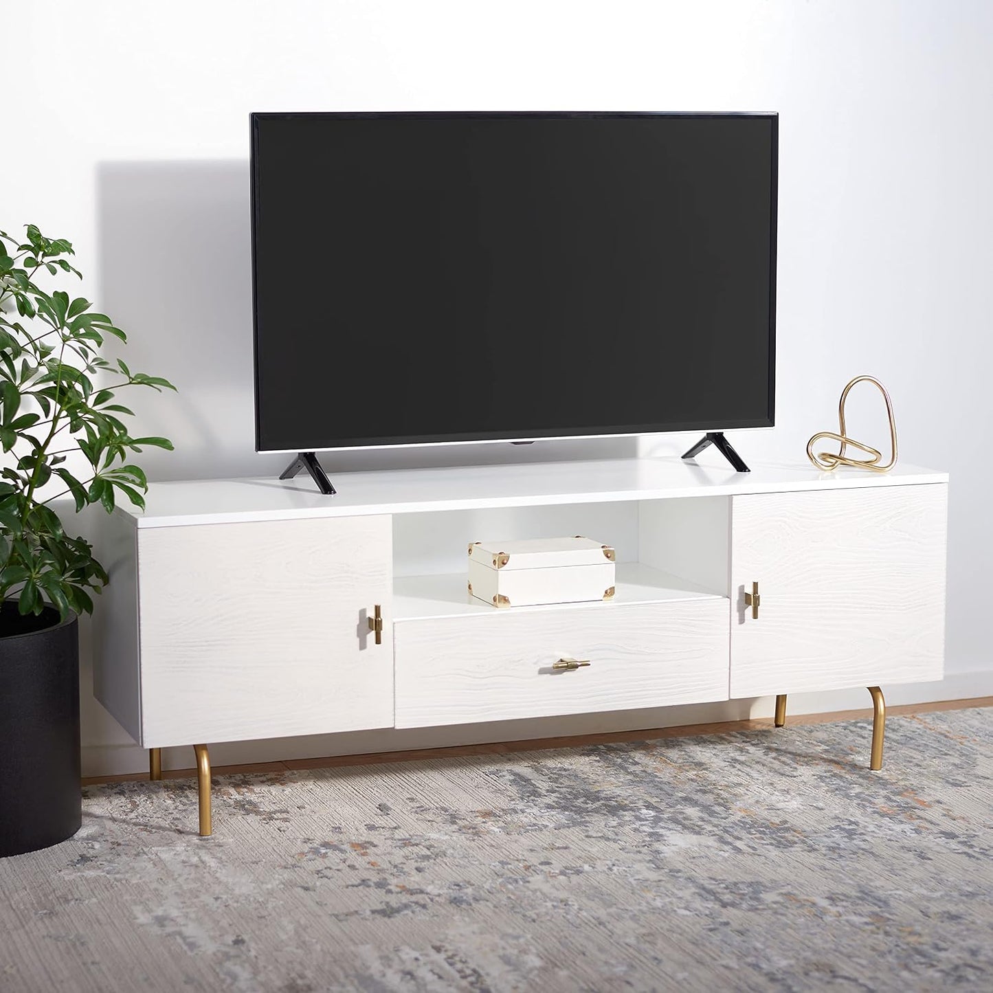SAFAVIEH Genevieve TV Stand for up to 65" Flatscreen – White & White Washed Finish, Mid-Century Modern Storage Cabinet, Entertainment Media Console (MED5000C)