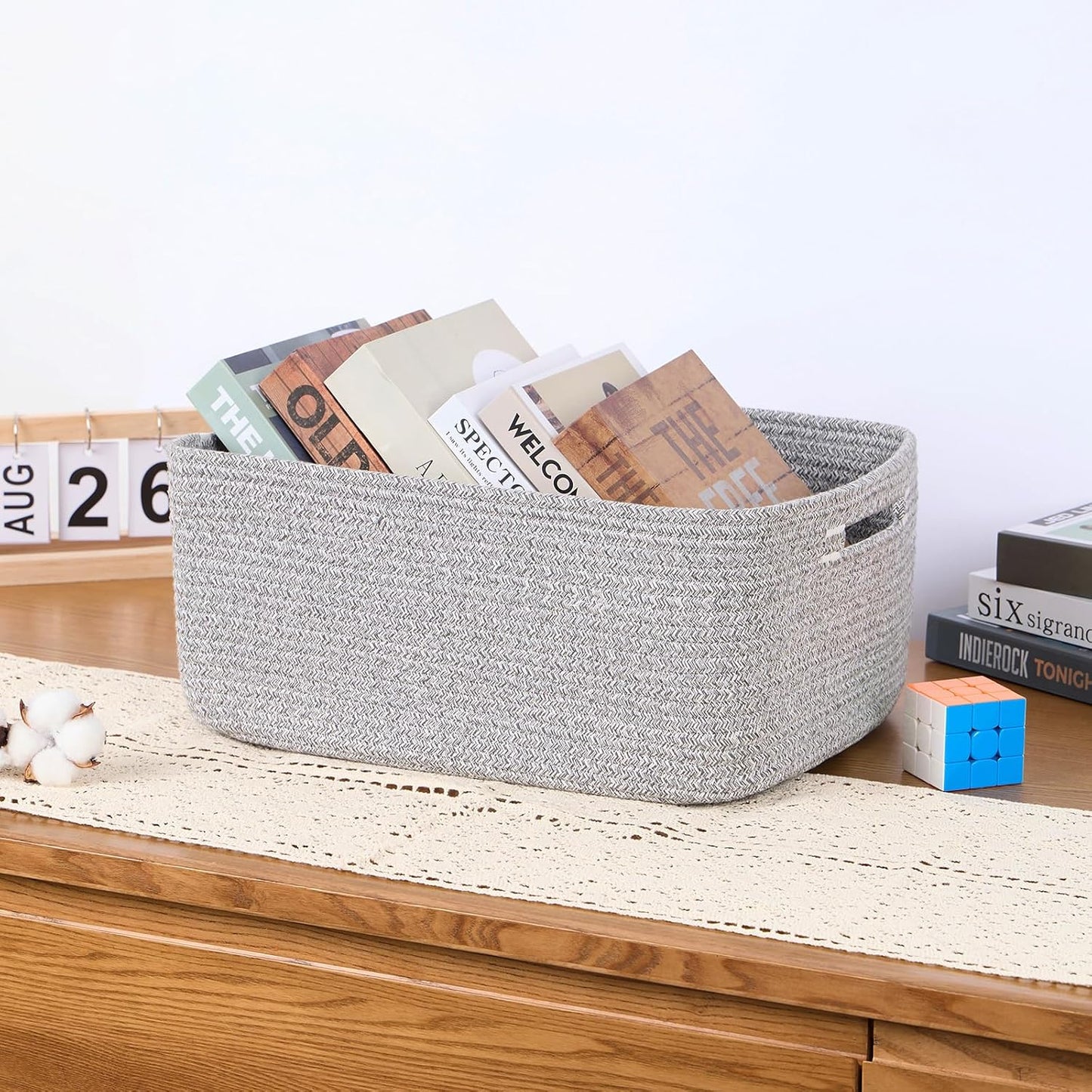 MiniArk Large Storage Baskets for Organizing, 17 x 13 x 7.5” Closet Shelf Baskets for Clothes Blanket Towels, Baby Nursery, Toy Bins Box, Woven Rope Baskets, 4 Packs Mixed Grey