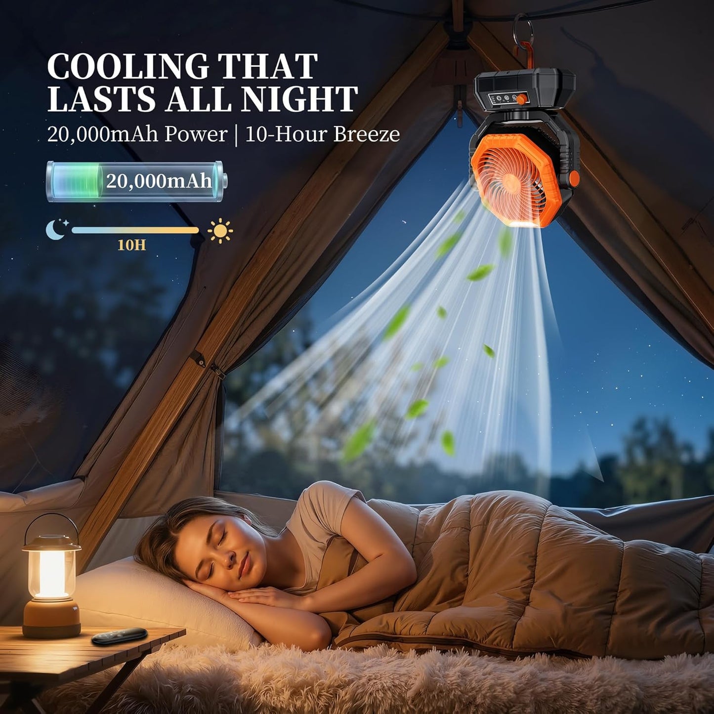 AJVV Camping Fan, Oscillating Battery Powered Portable Rechargeable Hanging Tent Fan with Light and Remote for Camp, Outdoor, Emergency Power Outage, Fishing, RV Travel, Orange
