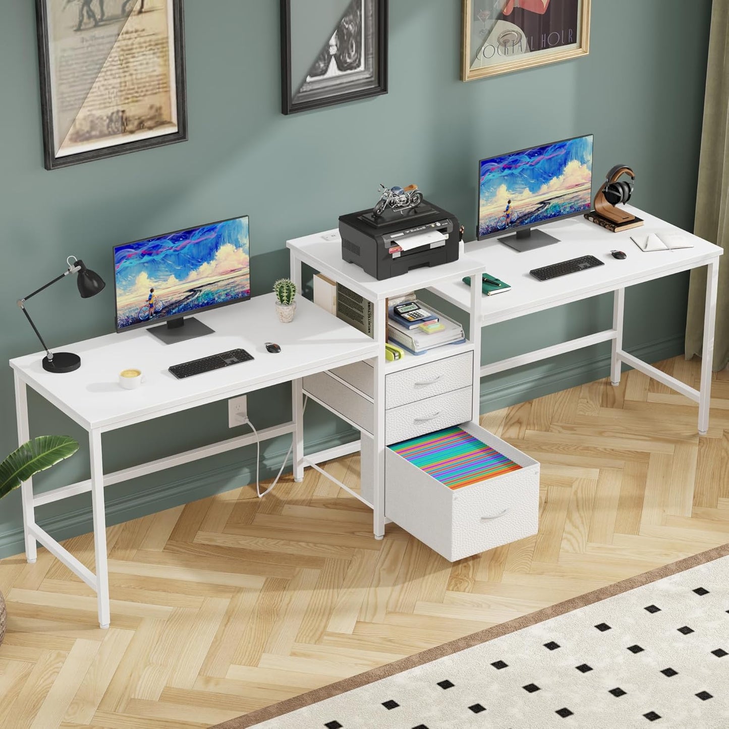 GYIIYUO 93'' Two Person Desk with Charging Station, Long Desk with 3 Drawers and Printer Shelf, Double Computer Desk, 2 Person Writing Study Table Workstation for Home Office, White