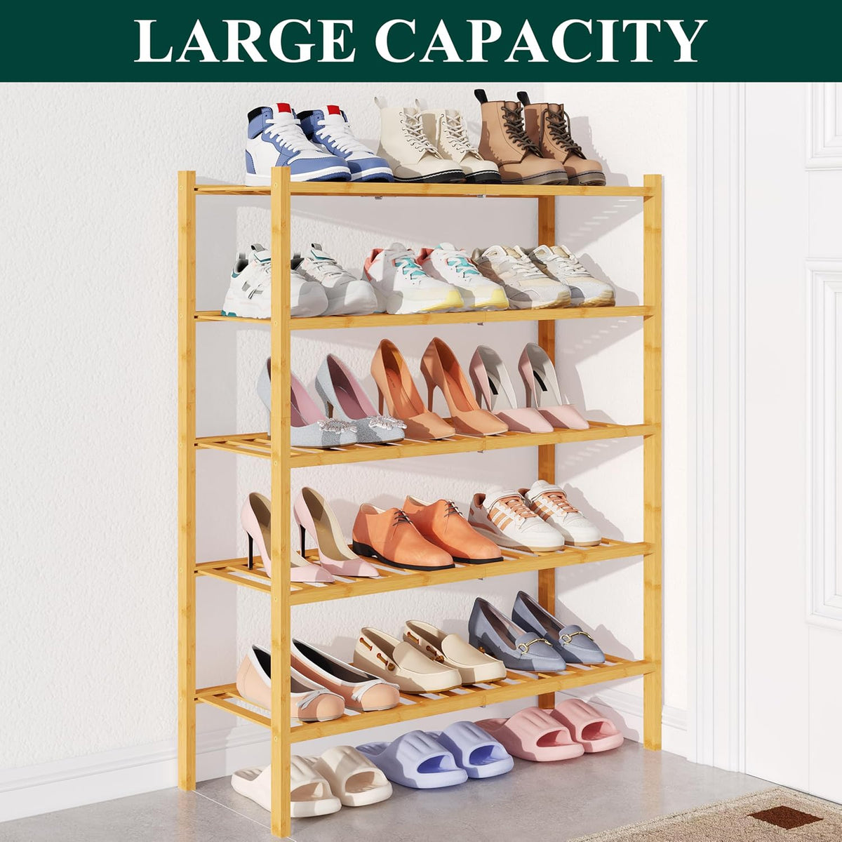 Smiry Bamboo Shoe Rack for Closet, 5 Tier - 26.77" Wide, Natural