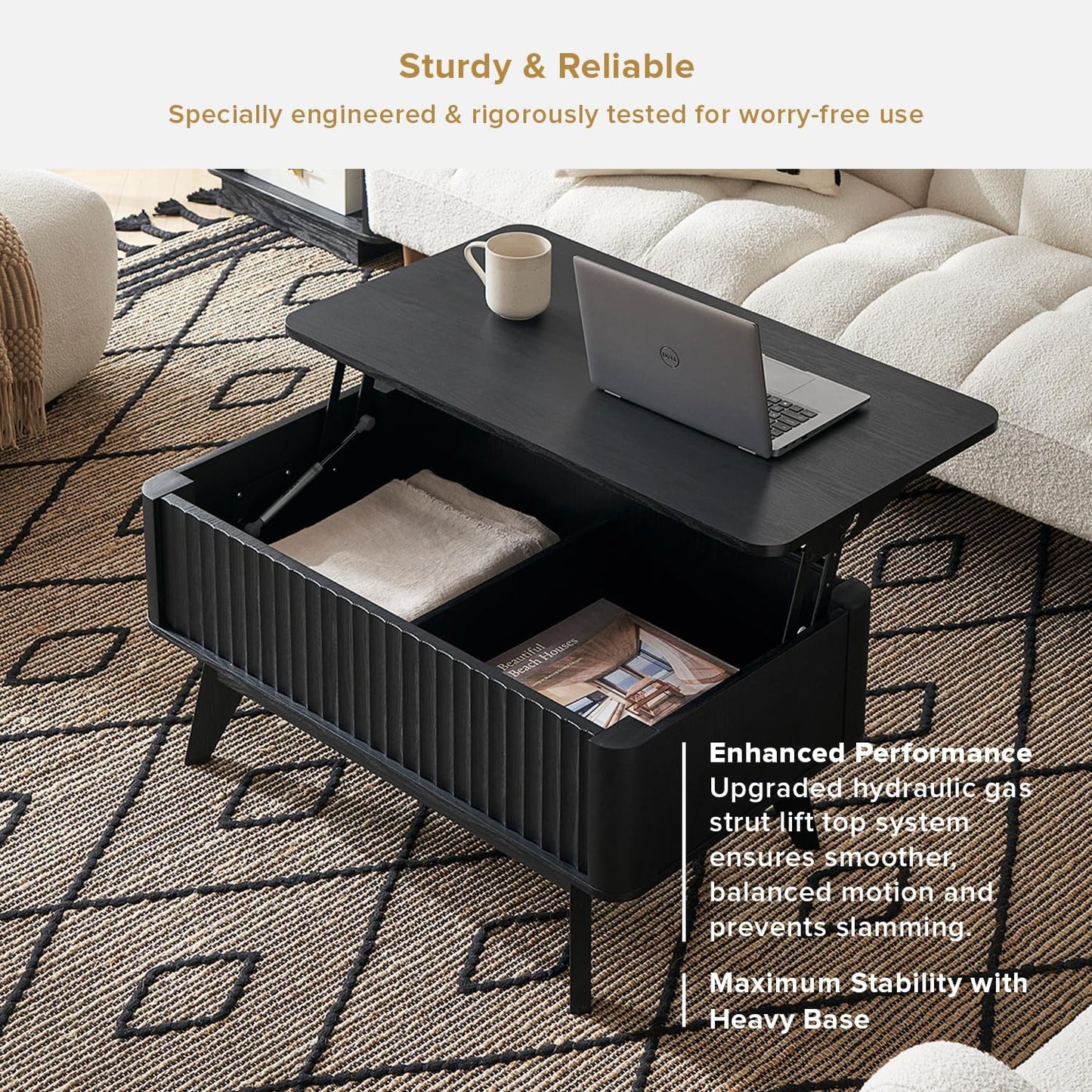 mopio Brooklyn Lift Top Coffee Table for Living Room, Mid Century, Modern Farmhouse with Lifting Tabletop & Hidden Storage, Fluted Panel, Rising Pull Up Dining Table (Black Oak)