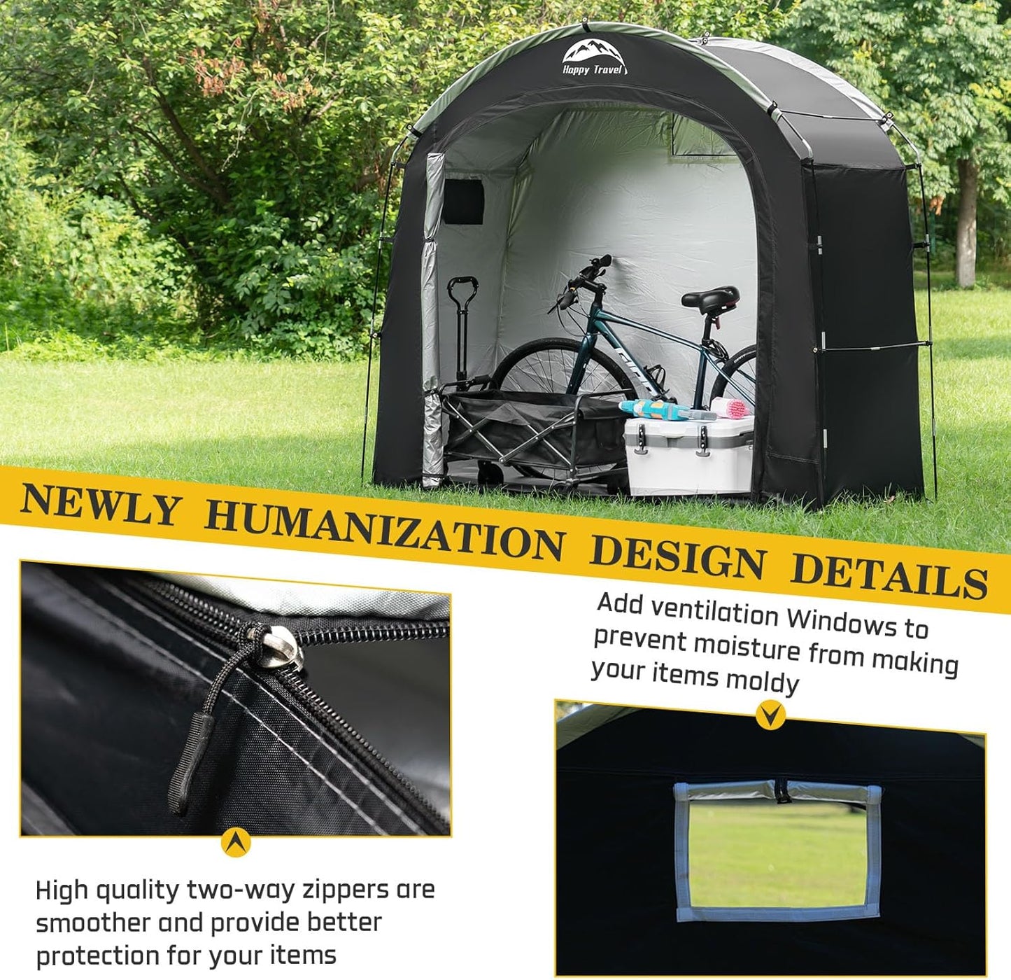 Happy Travel Bike Storage Shed Tent, Waterproof Portable Bicycle Cover with 30% More Top Storage Space for 2/3/4/5 Bikes,Clips Easy Setup Outdoor Sheds Shelter for Motorcycle, Garden Tools, Lawn Mower