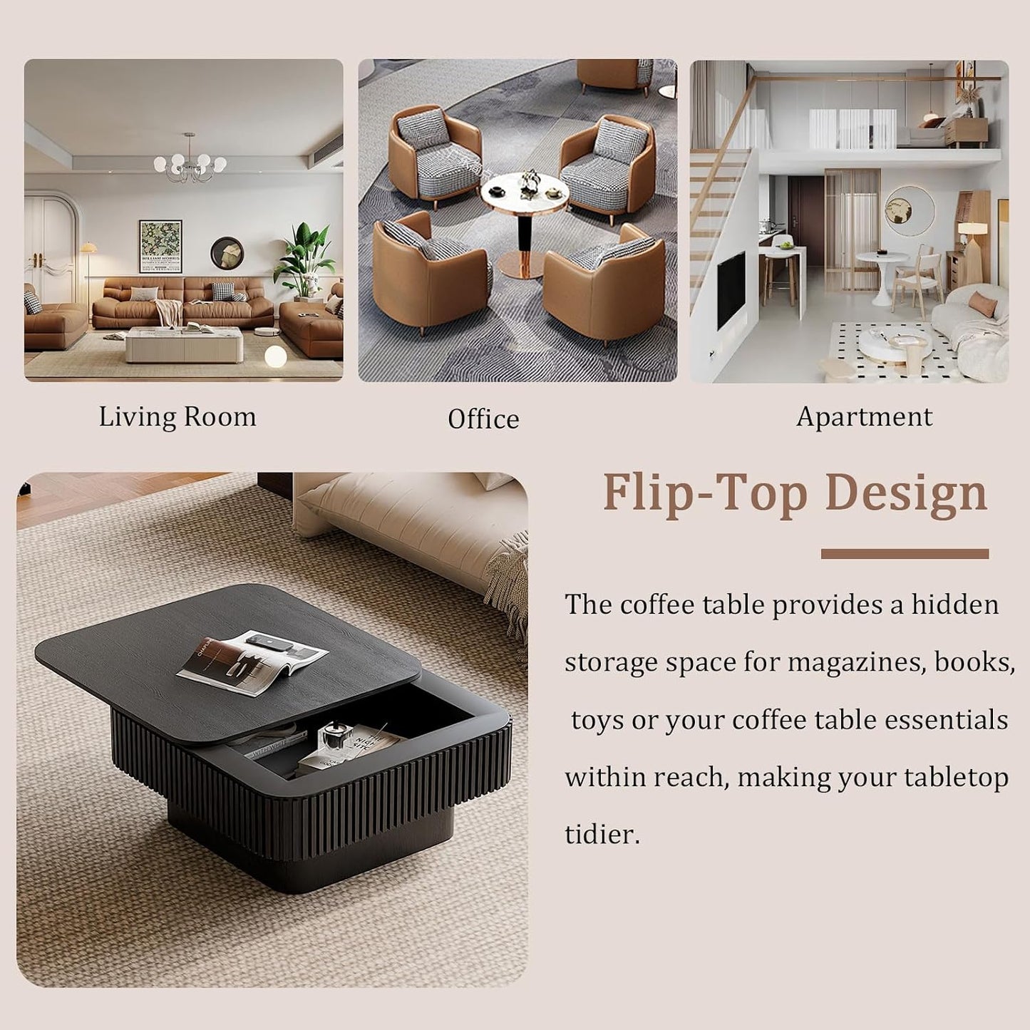 31.5" Square Coffee Table with Hidden Storage Compartment, Modern Handcraft Fluted Drum Coffee Table, Wooden Square Center Table Cocktail Tea Table with Sturdy Pedestal for Living Room, Black
