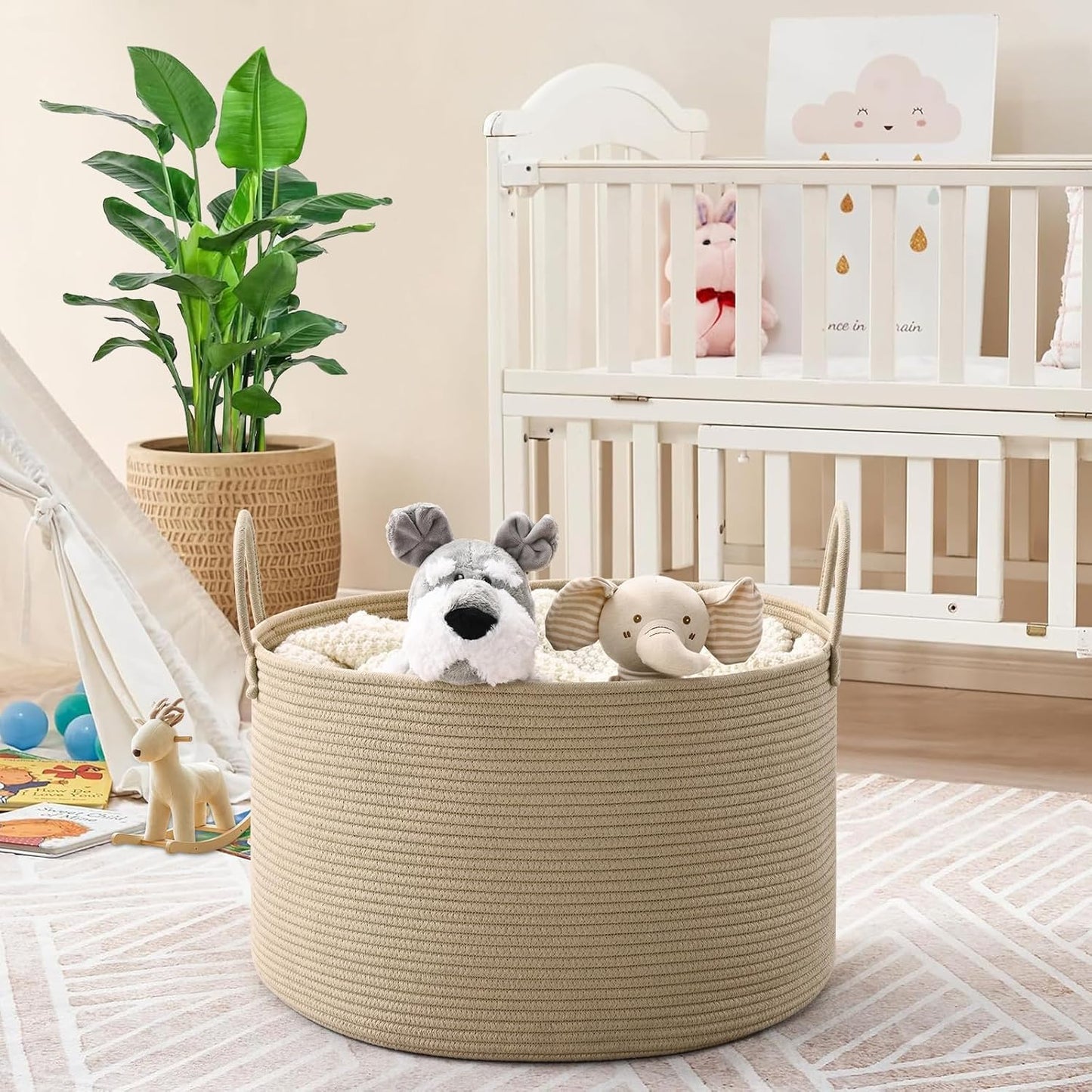 67L Large Woven Blanket Basket, Cotton Rope Baby Laundry Hamper with Handles, Kids Toy Basket for Classroom & Nursery, Soft Round Stuffed Animal Storage, Dog Toy Bin - 20"x13", Brown