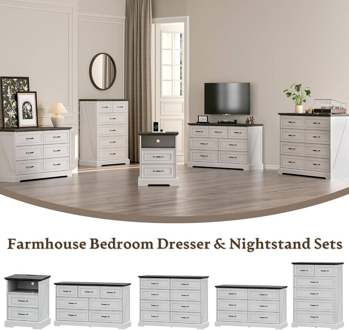 Xixini Tall Nightstand with Charging Station, Farmhouse White Bedside Table