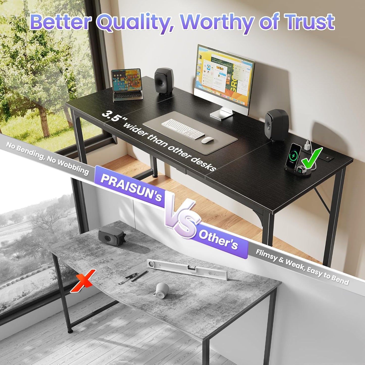 PRAISUN 63 X 24 Inch Office Computer Desk with Power Outlets and USB-C Port, Larger and Longer Gaming Desk, for Home Office, Study, Writing Work from Home Table, Metal Frame, Black