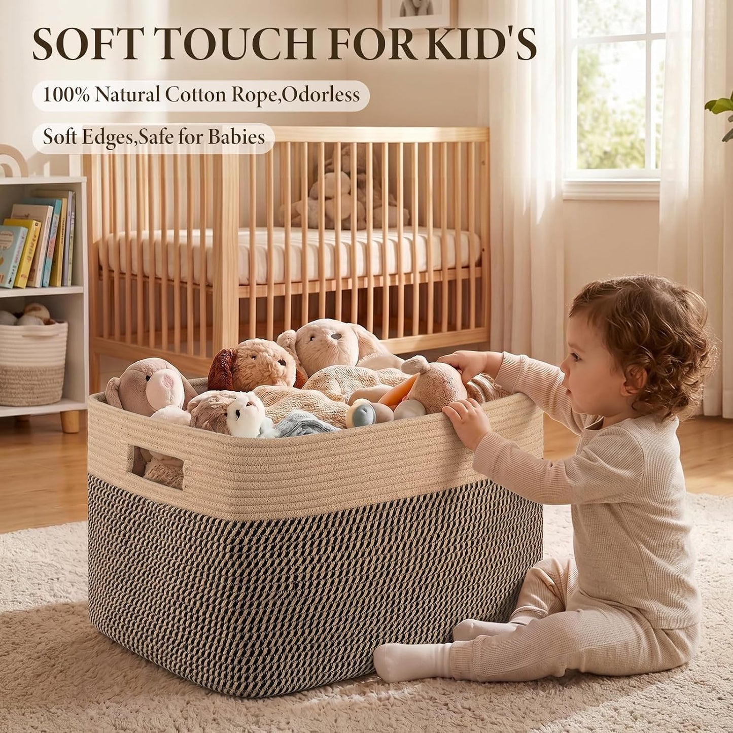 75L Large Cotton Rope Basket, Soft Toy Storage Bin for Nursery & Living Room, Decorative Blanket Basket for Bedroom, Baby-Safe Organizer for Pillows &Laundry, 22''×17''×12'', Brown & Black