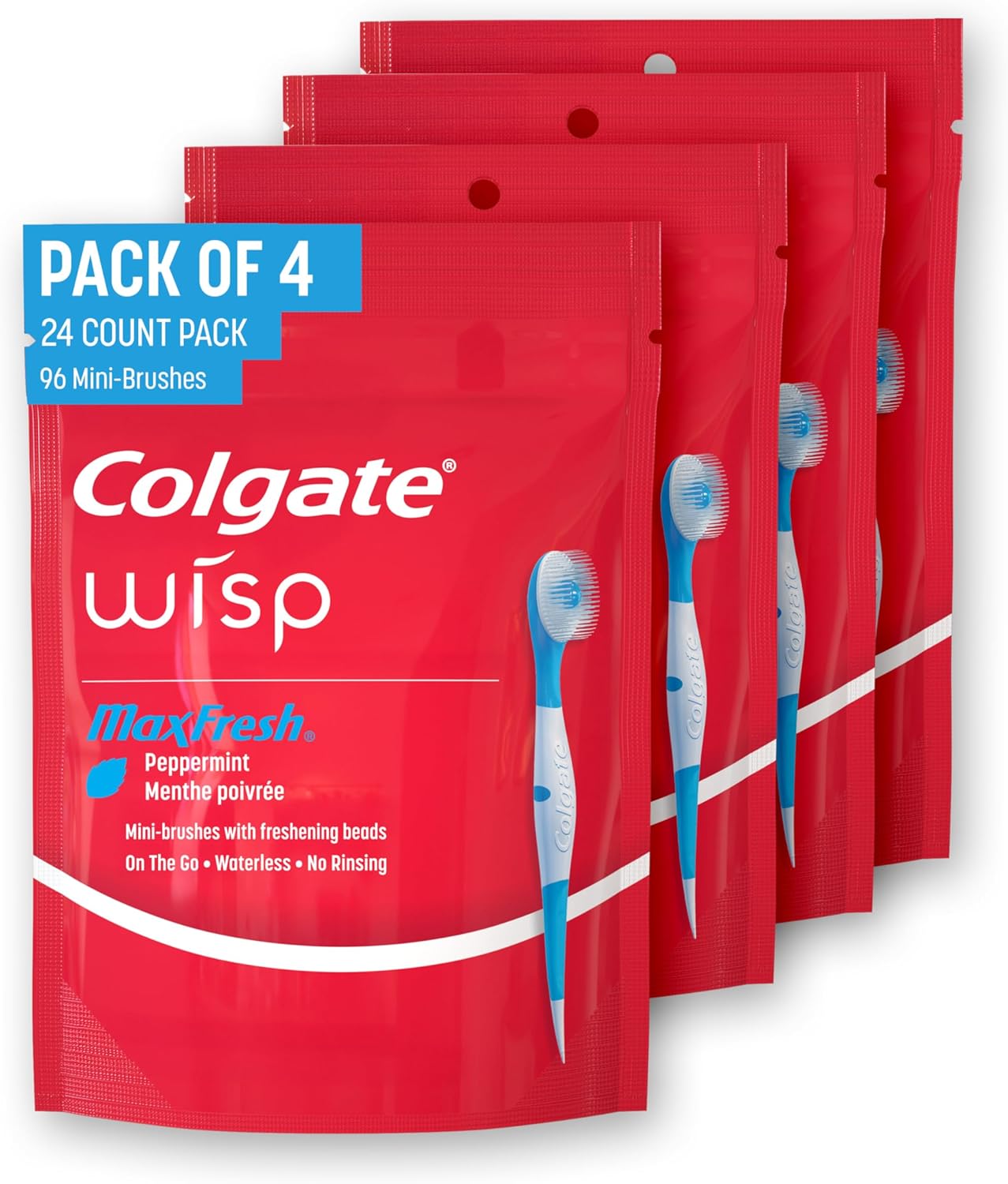Colgate Max Fresh Wisp Disposable Mini Travel Toothbrushes, Peppermint, 24 Count (Pack of 4)