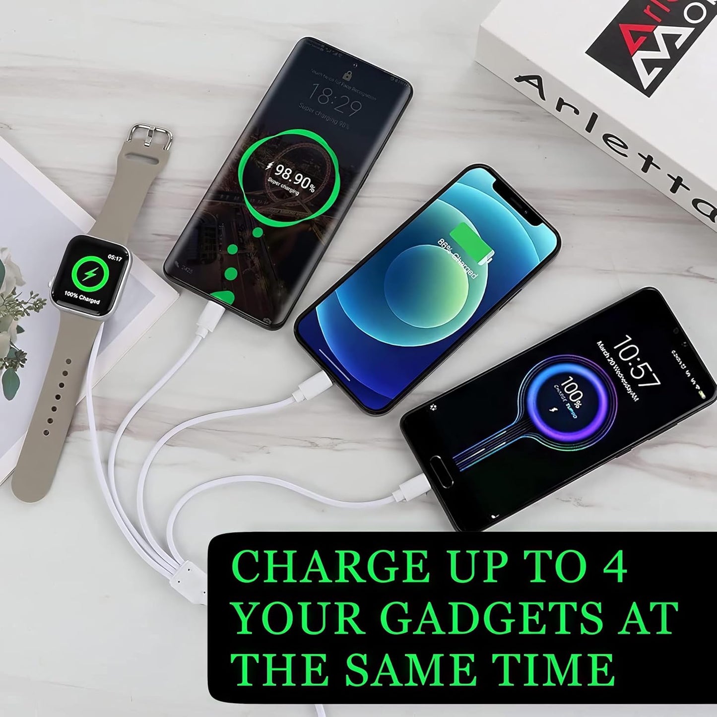 TOP-UP 4 in 1 Watch & Phone Charger Cable – Travel Essentials Multi Charging Cable for Apple Watch, iPhone, USB-C & Micro, Multi Device Charger Cord, 4FT