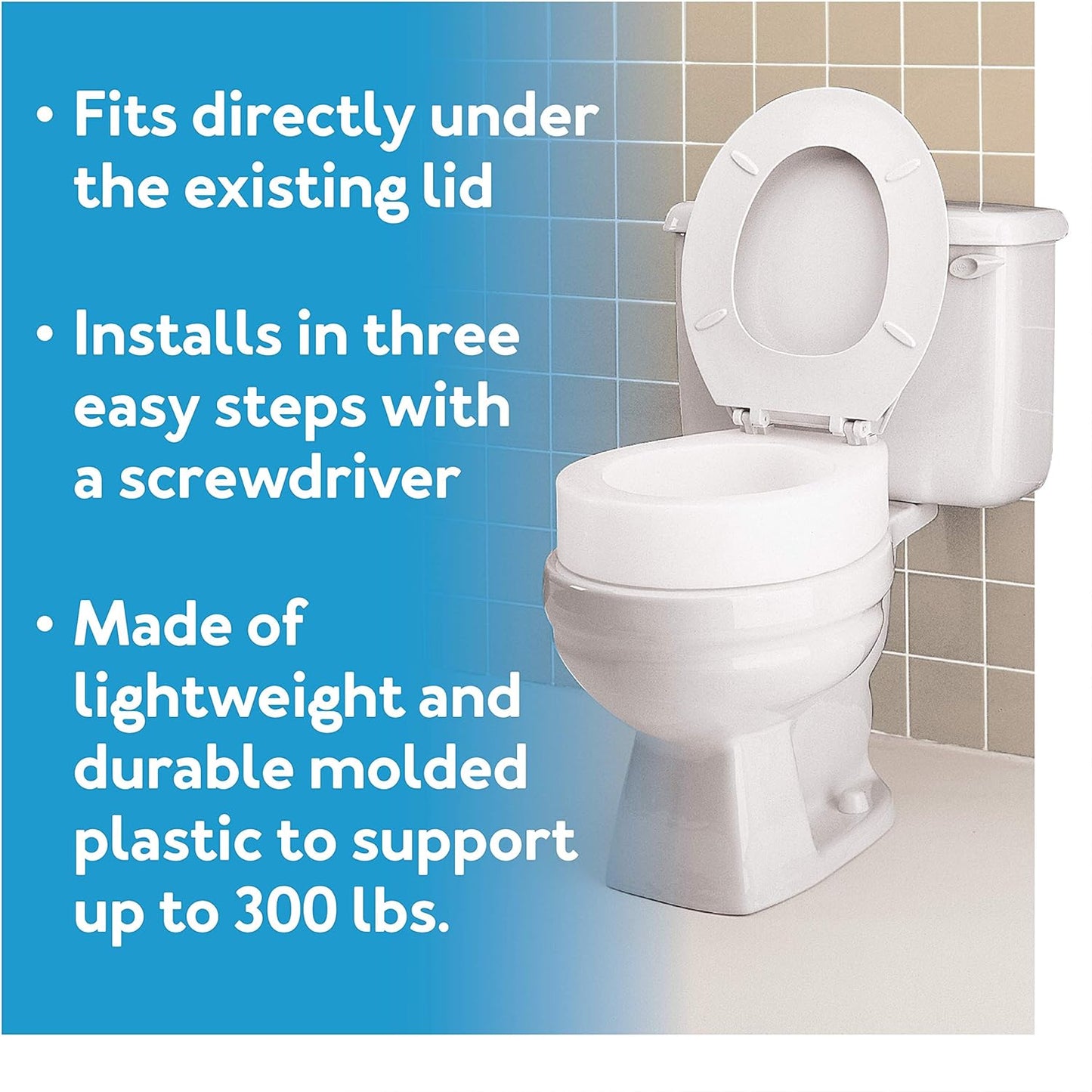 Carex Toilet Seat Riser, Elongated Raised Toilet Seat Adds 3.5 inches to Toilet Height, Assists with Bending or Sitting, Bolt-On Installation Under Existing Toilet Seat, 300 Pound Weight Capacity