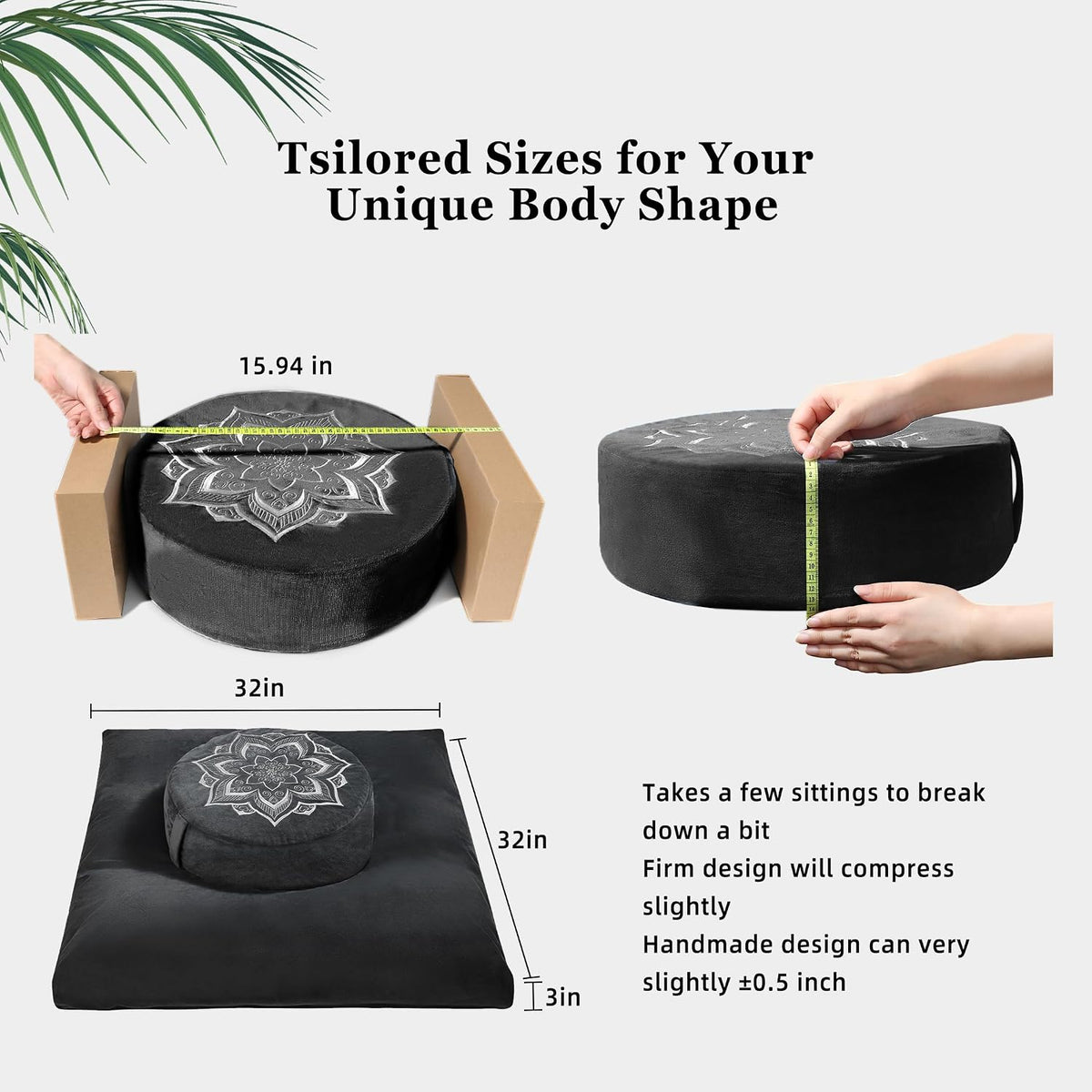 Meditation Cushion Set Zafu & Zabuton – Buckwheat Hull & Memory Foam, Adjustable Floor Pillow for Yoga, Meditation & Sitting, Removable Velvet Cover (Classic Black)